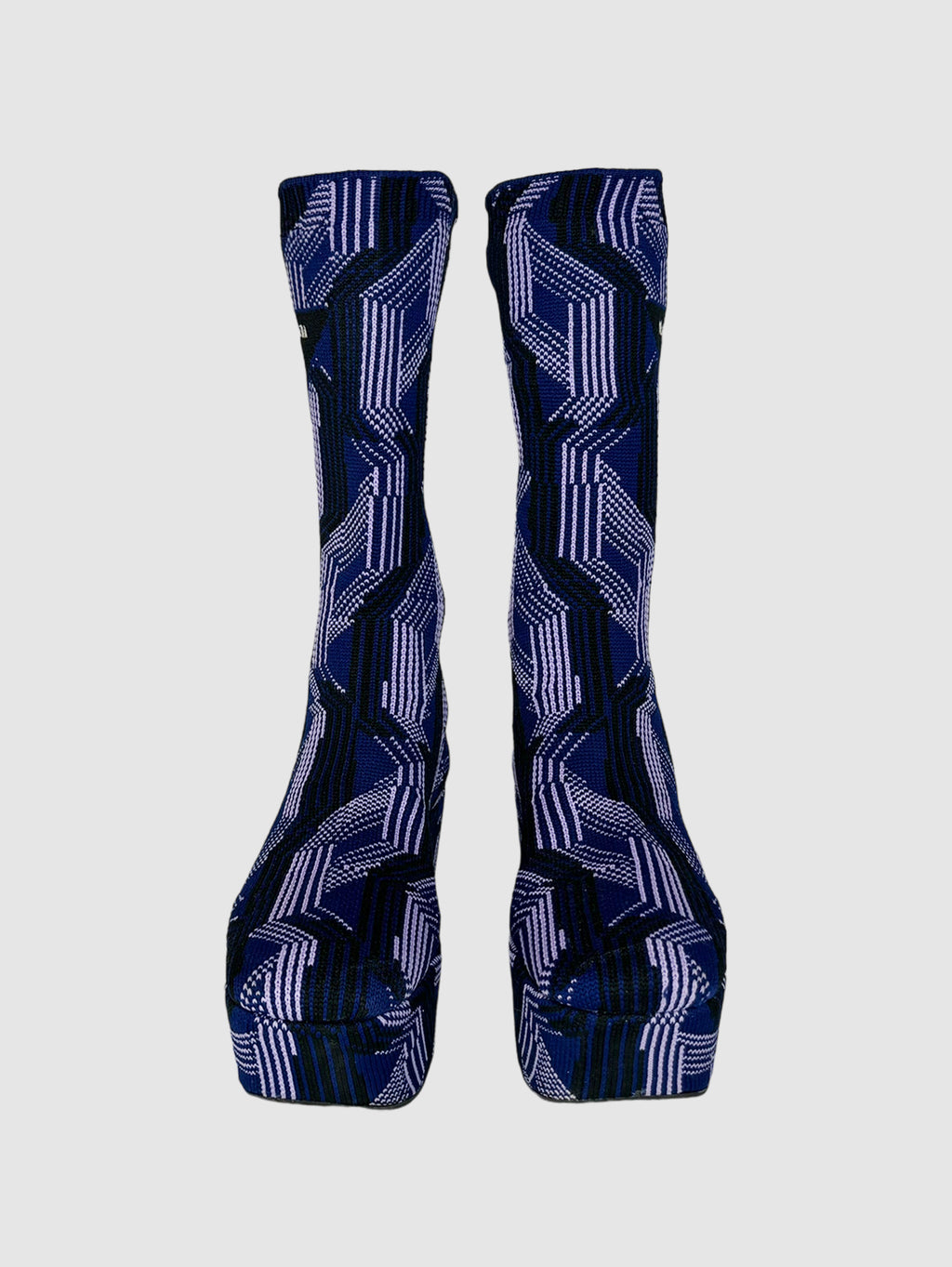 Prada Argyle Knit Stretch Platform Boots in Purple Sock Boot Jacquard Knit Purple Blue 60's Inspired Geometric Pattern