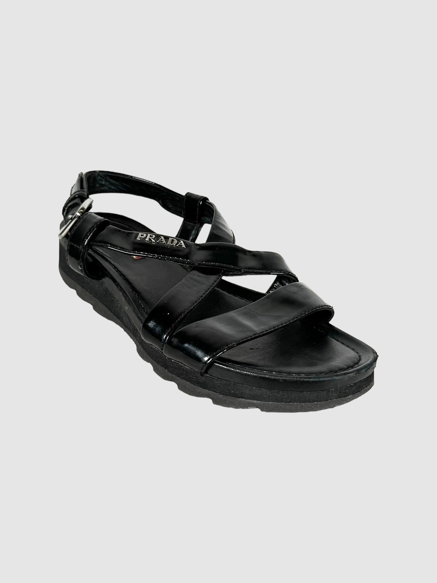  Prada Sport Black Patent Leather Sandals, Size 35.5 Consignment Secondhand Designer Luxury Resale Toronto Trendy