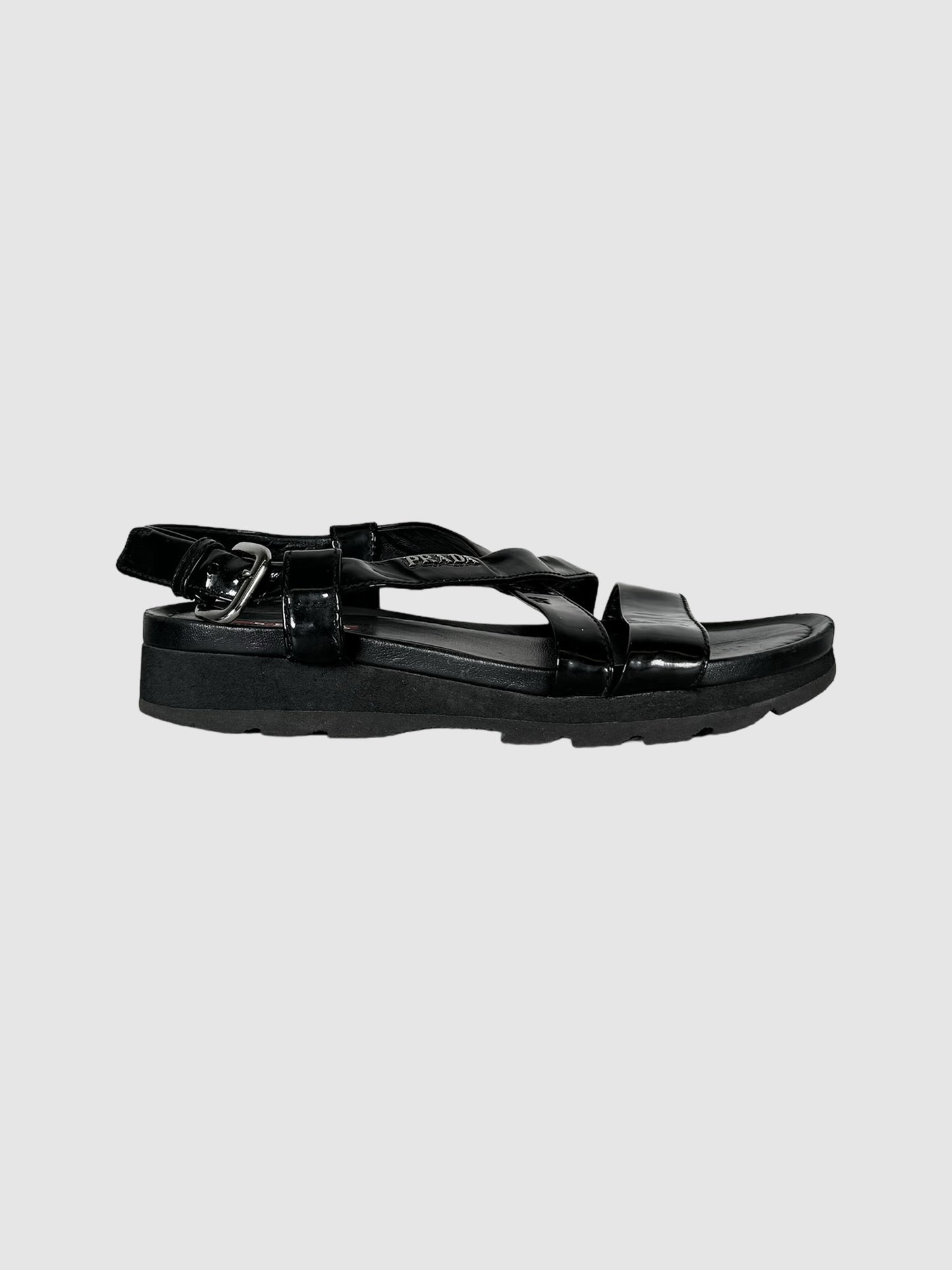  Prada Sport Black Patent Leather Sandals, Size 35.5 Consignment Secondhand Designer Luxury Resale Toronto Trendy