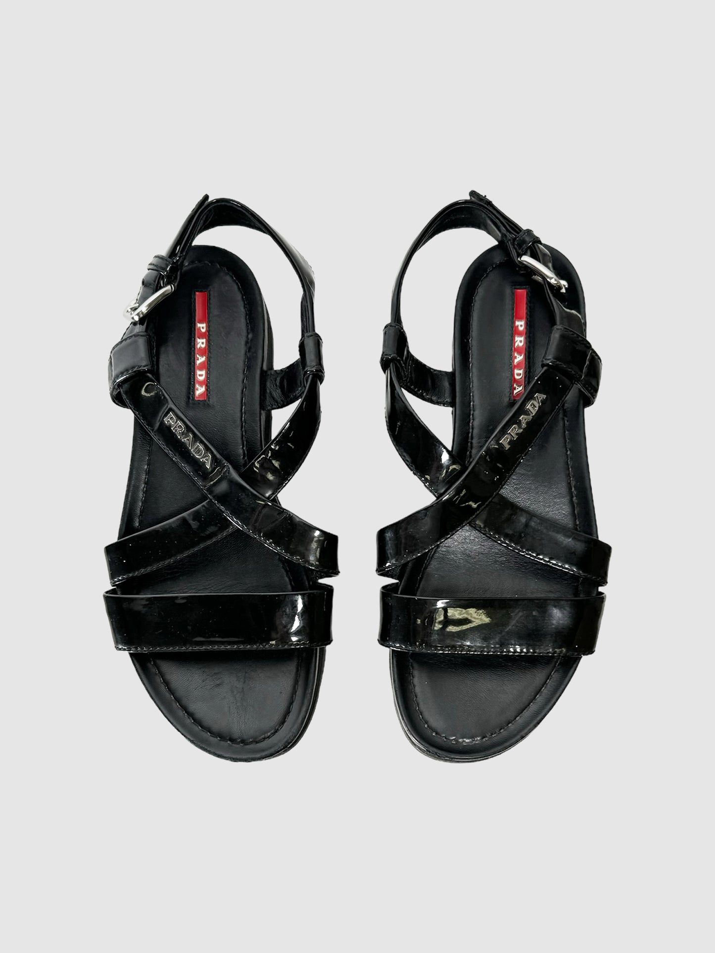  Prada Sport Black Patent Leather Sandals, Size 35.5 Consignment Secondhand Designer Luxury Resale Toronto Trendy