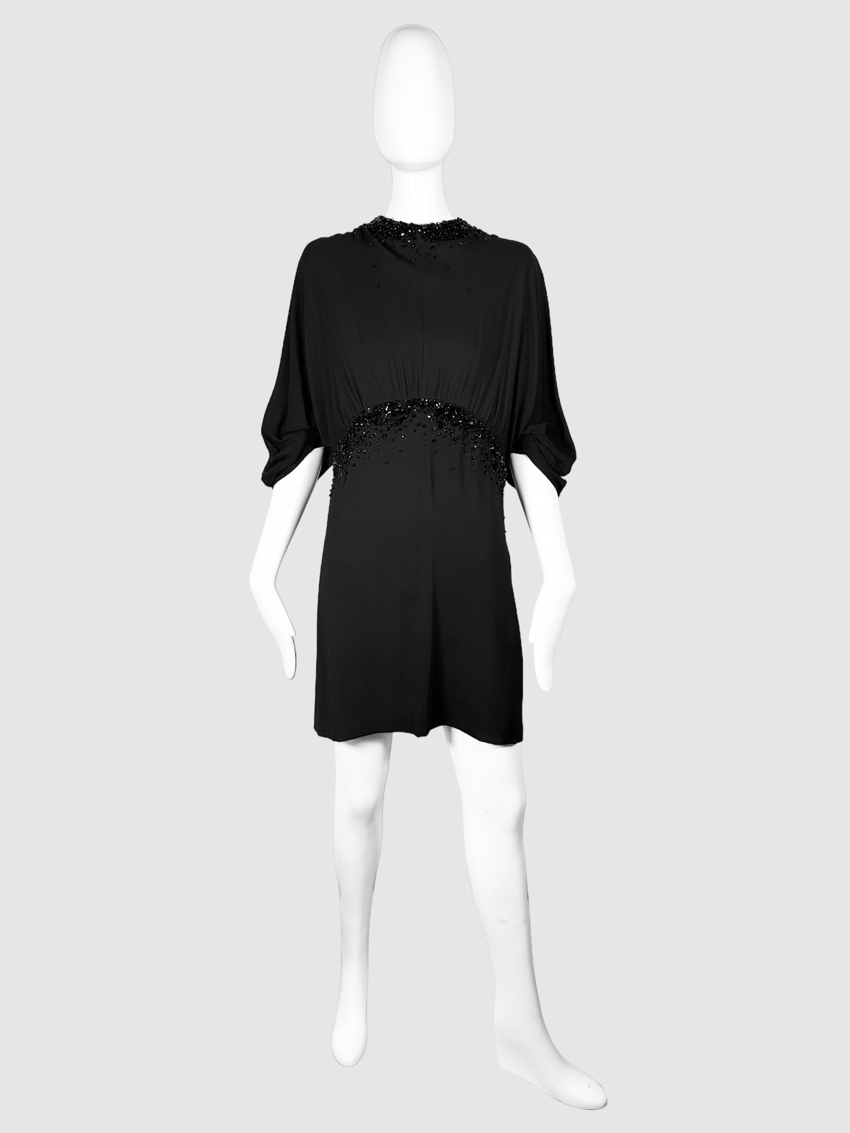 Prada Black Half-Sleeve Open Back Mini Dress with Beaded Waist, Back, and Neckline Size 42 Consignment Secondhand Designer Luxury Resale Toronto Trendy