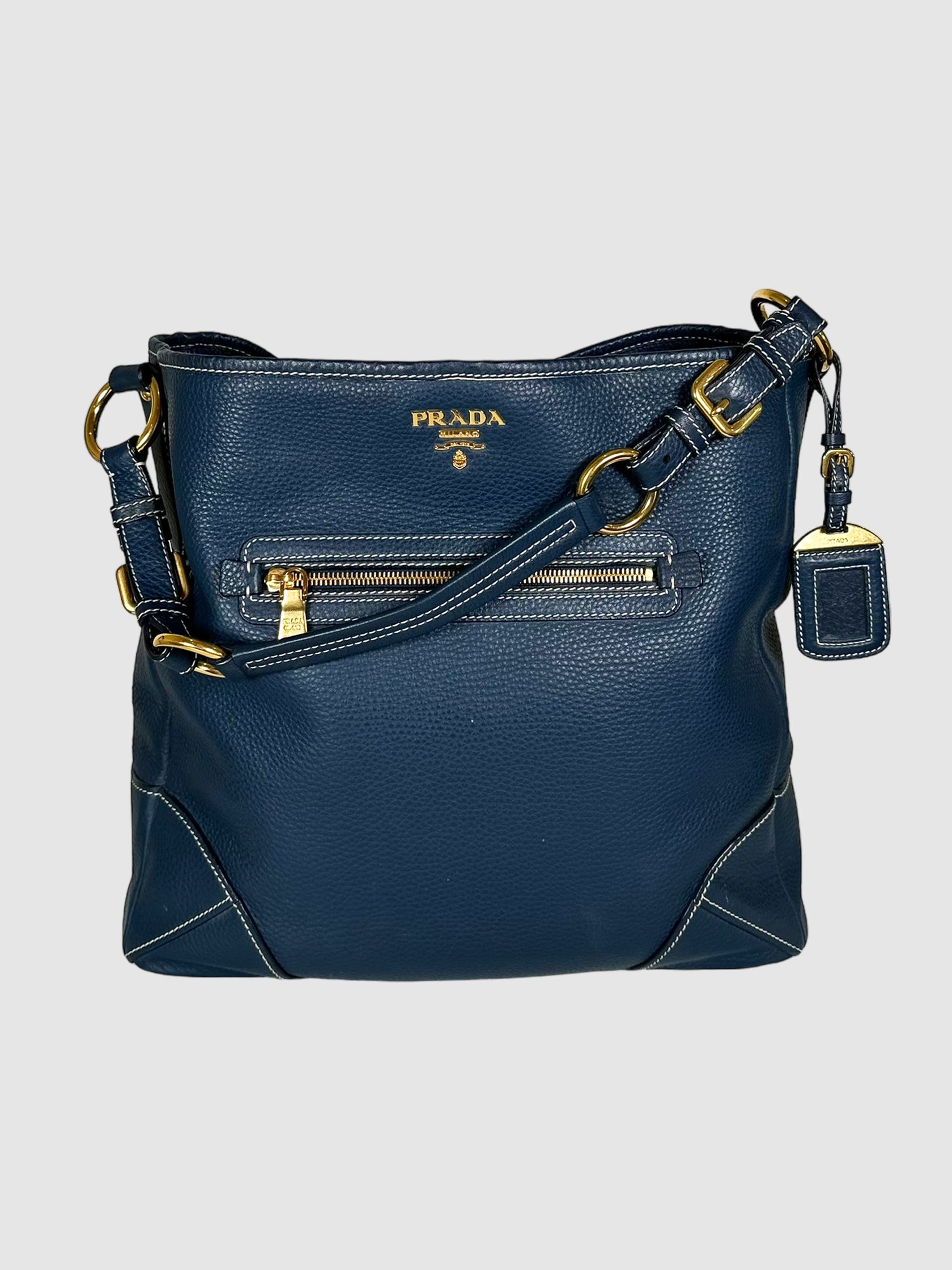 Prada Navy Blue Vitello Daino Leather Front Zip Pocket Hobo Bag Consignment Secondhand Designer Luxury Resale Toronto Trendy