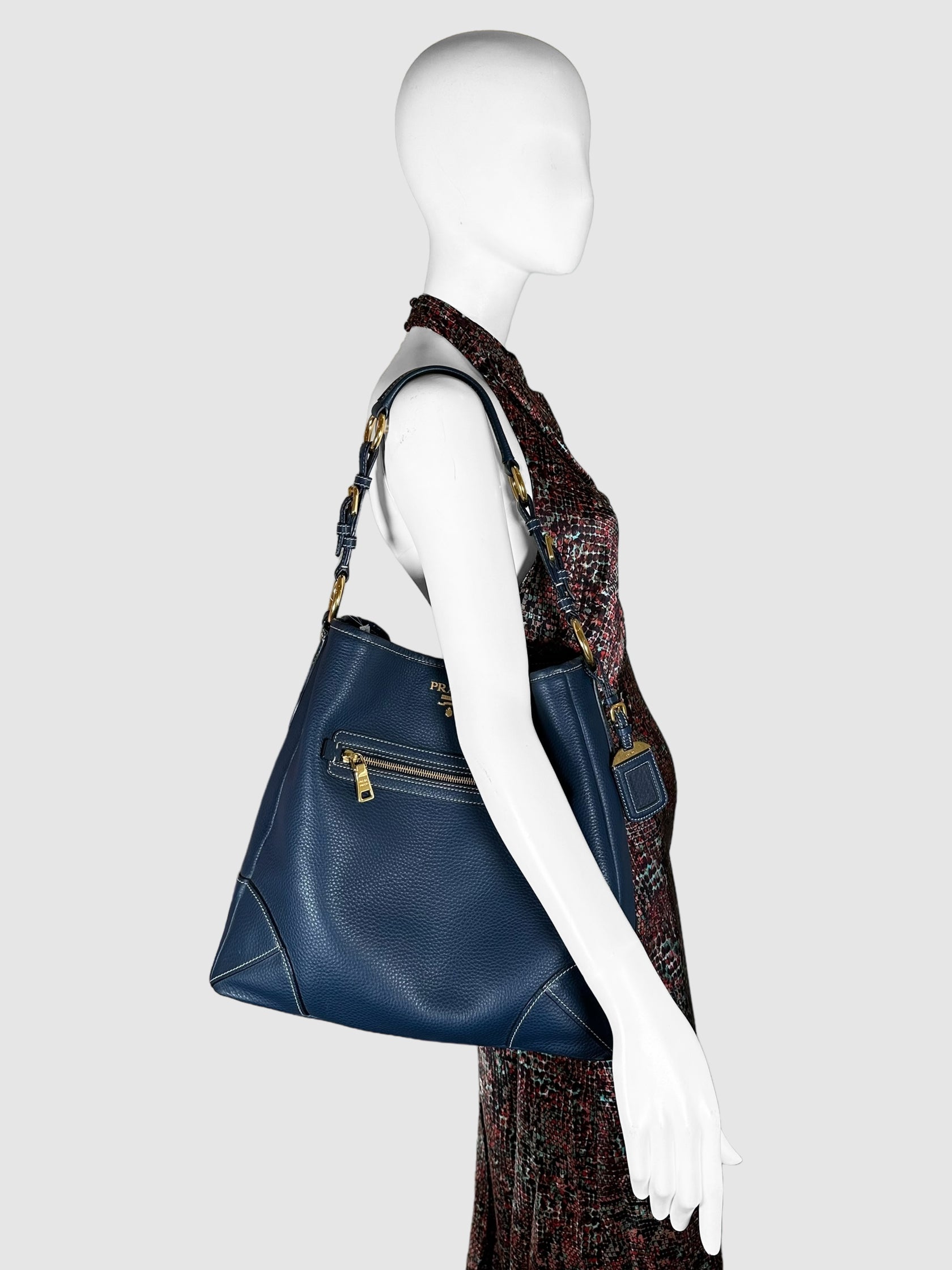 Prada Navy Blue Vitello Daino Leather Front Zip Pocket Hobo Bag Consignment Secondhand Designer Luxury Resale Toronto Trendy