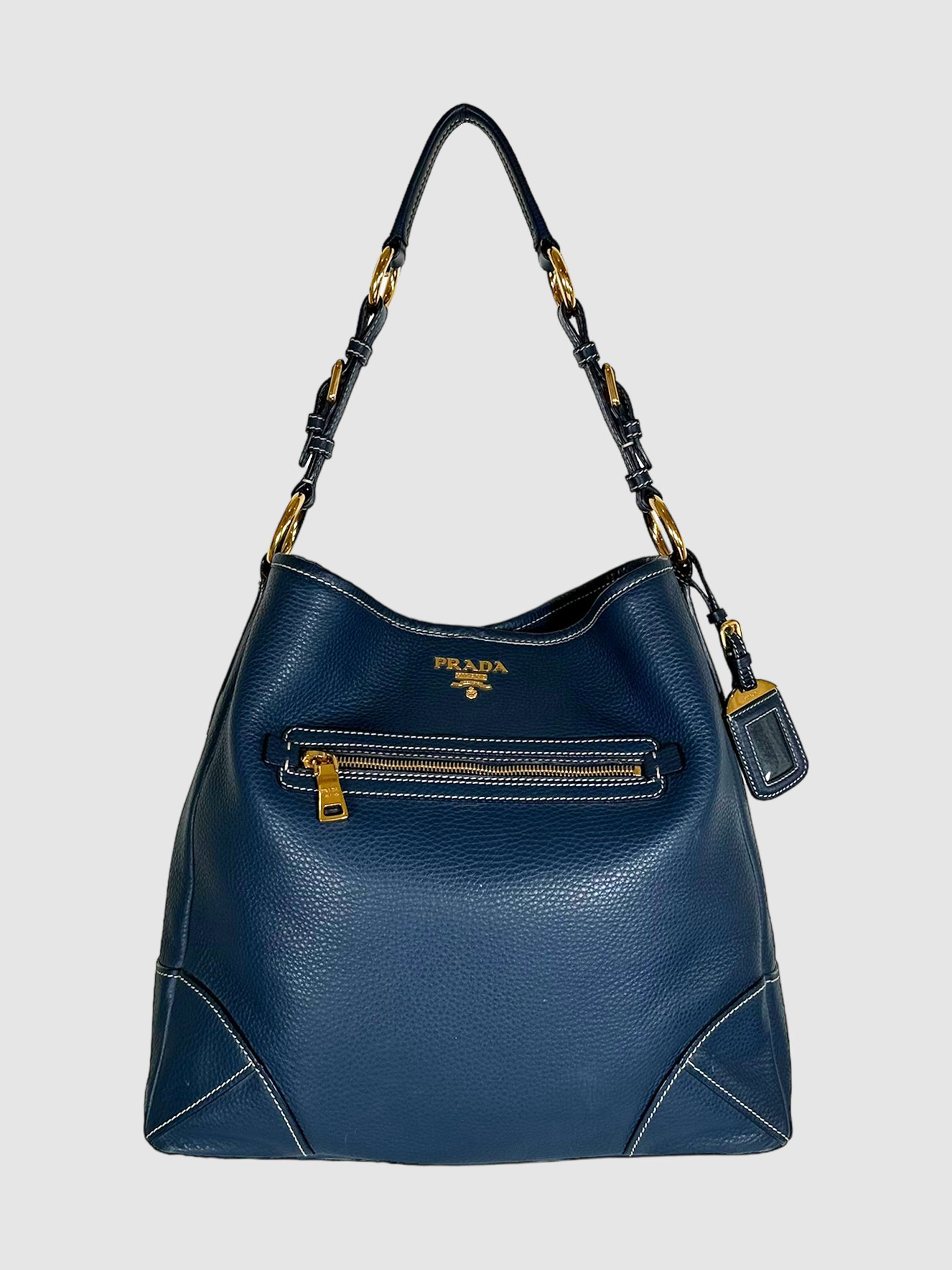 Prada Navy Blue Vitello Daino Leather Front Zip Pocket Hobo Bag Consignment Secondhand Designer Luxury Resale Toronto Trendy