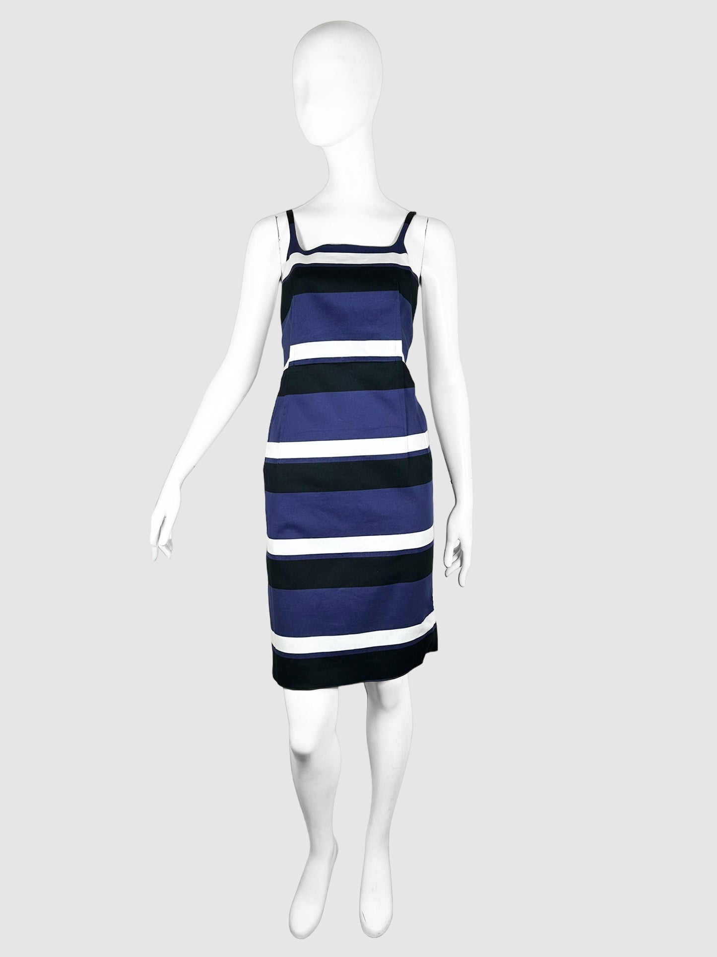 Prada Blue, Black, and White Horizontal Striped Low Back Sleeveless Tank Mini Dress Size 40 Consignment Secondhand Designer Luxury Resale Toronto Trendy