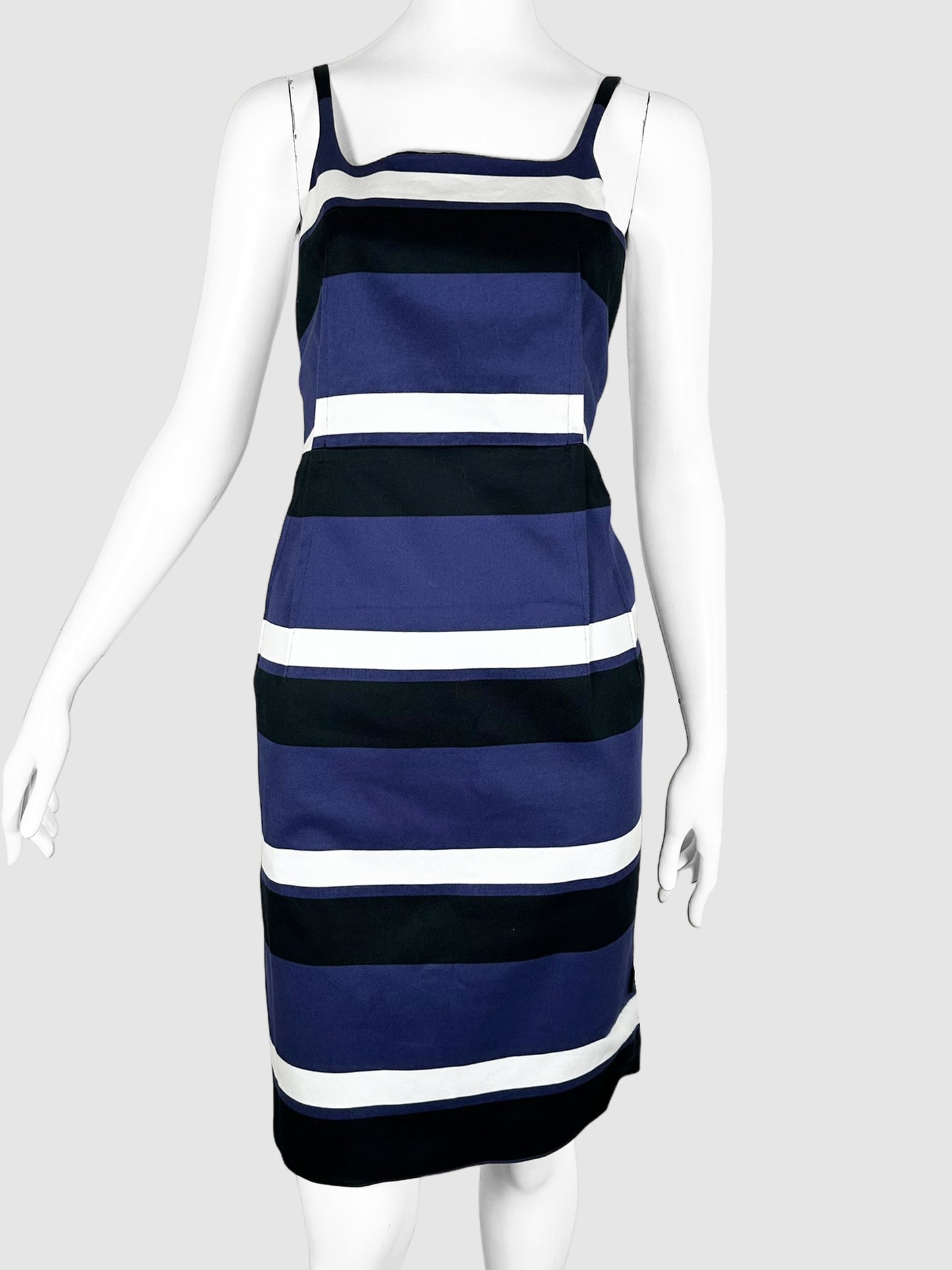 Prada Blue, Black, and White Horizontal Striped Low Back Sleeveless Tank Mini Dress Size 40 Consignment Secondhand Designer Luxury Resale Toronto Trendy