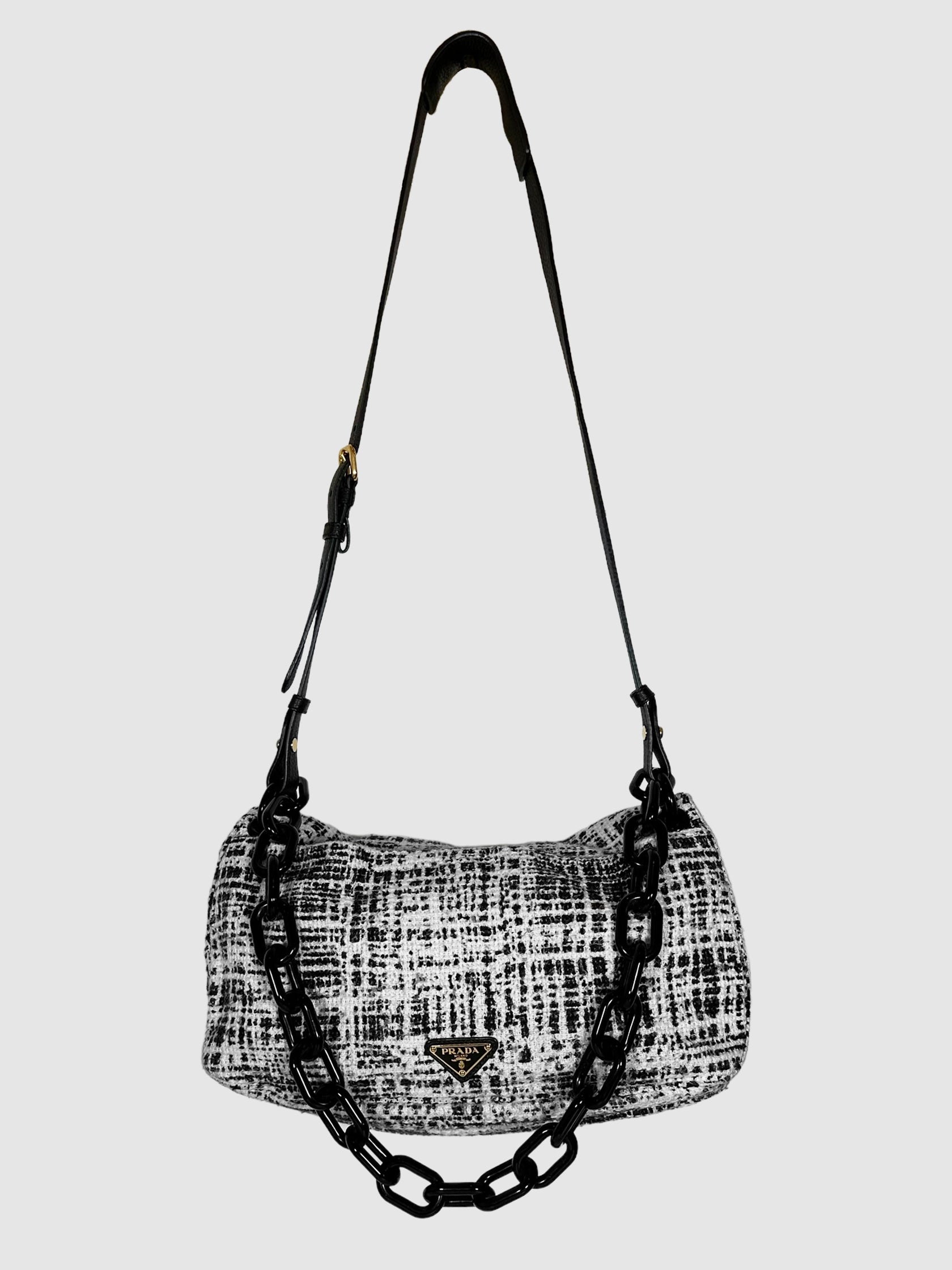 Printed Tweed Turnlock Flap Clutch luxury designer resale consignment secondhand