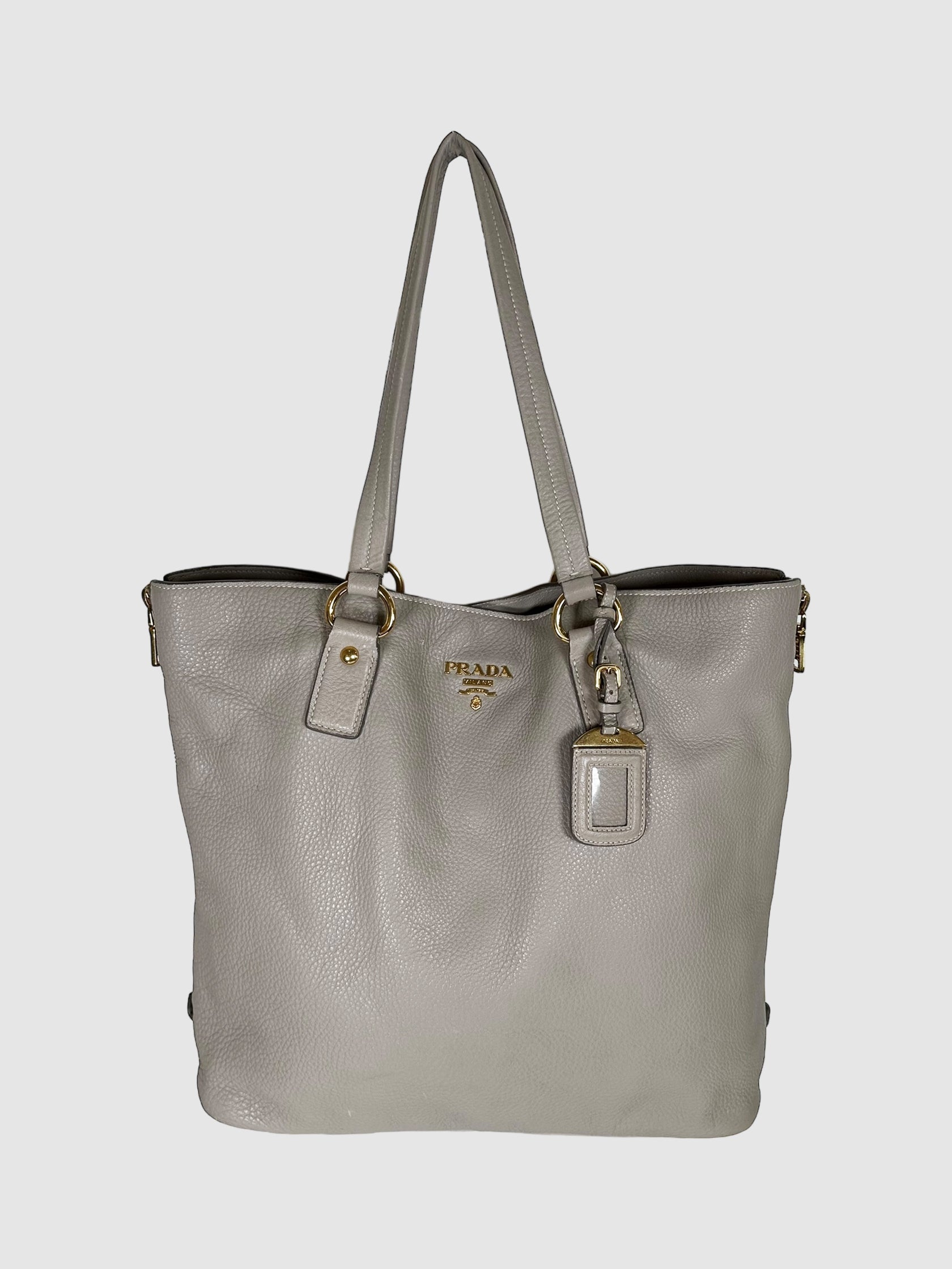 Prada Grey Vitello Daino Leather Side Zip Tote Bag Consignment Secondhand Designer Luxury Resale Toronto Trendy