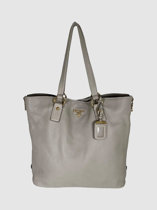 Prada Grey Vitello Daino Leather Side Zip Tote Bag Consignment Secondhand Designer Luxury Resale Toronto Trendy