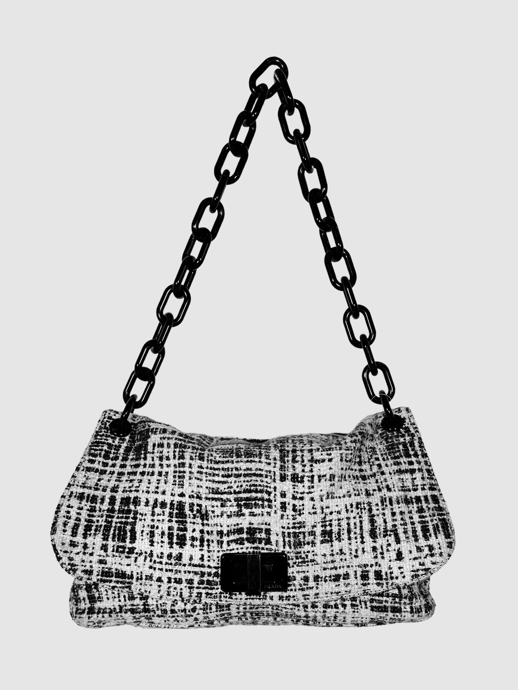 Printed Tweed Turnlock Flap Clutch luxury designer resale consignment secondhand