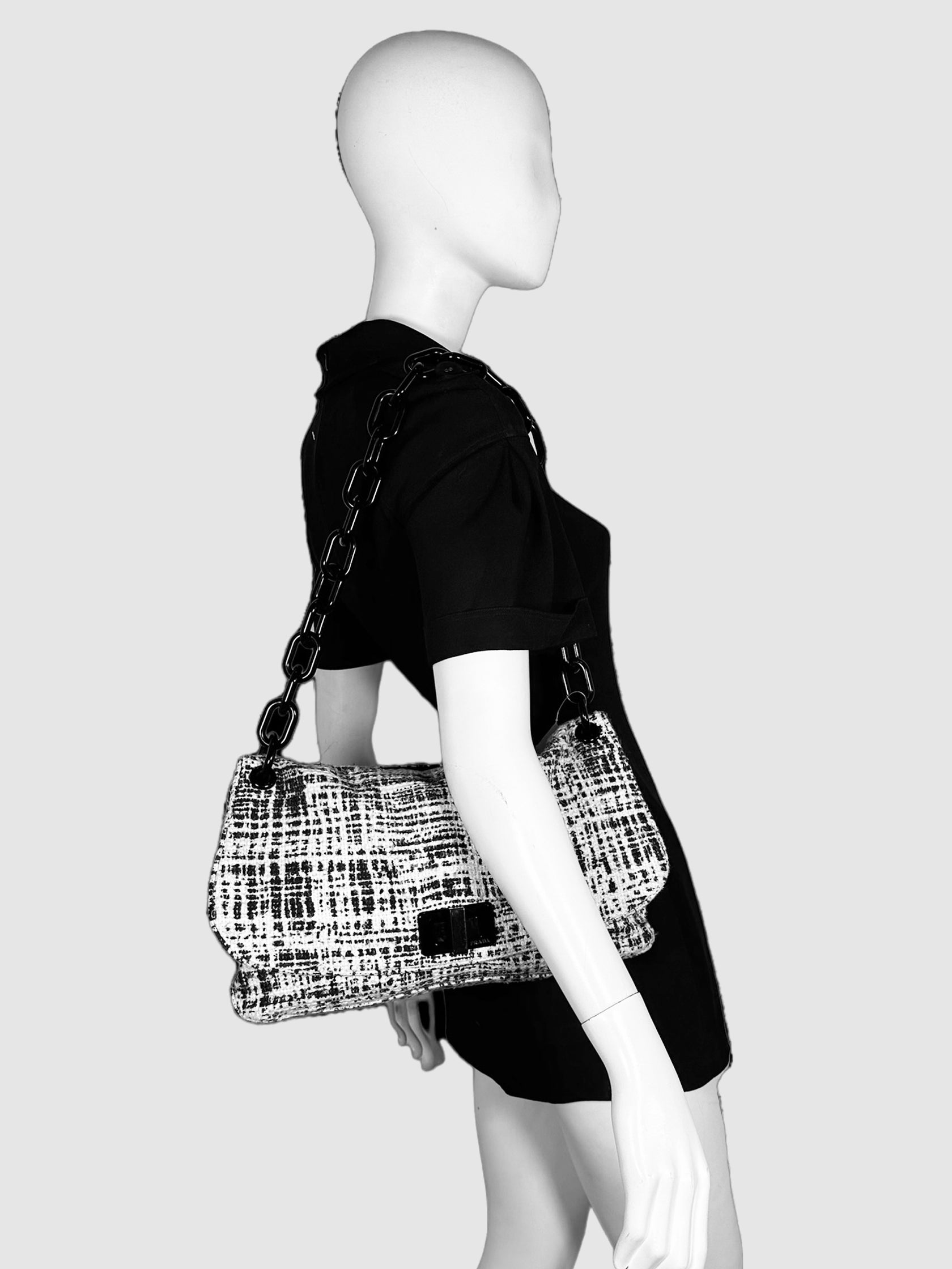 Printed Tweed Turnlock Flap Clutch luxury designer resale consignment secondhand