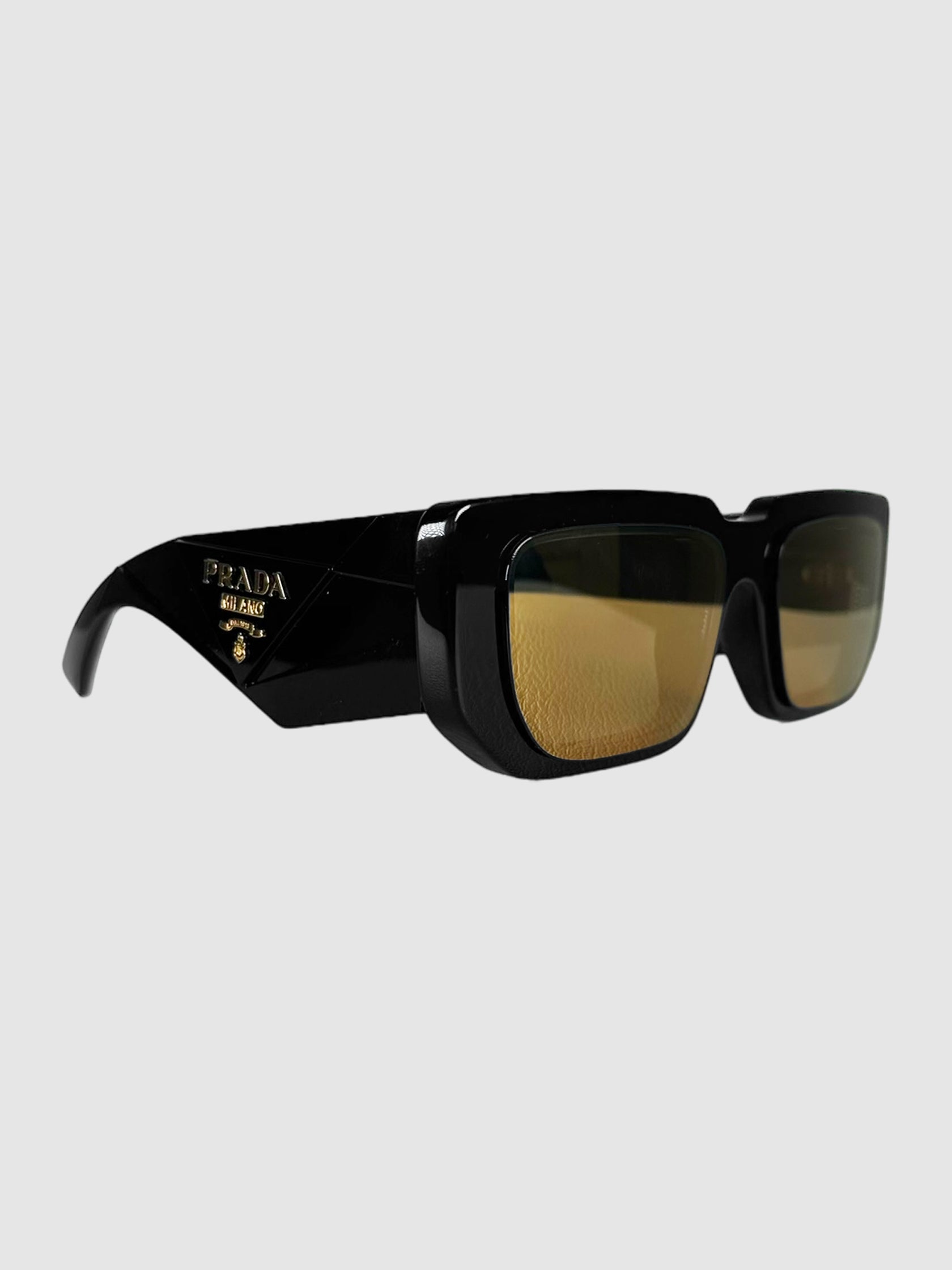 Prada Black Rectangle Sunglasses with Yellow Reflective Lenses Consignment Secondhand Designer Luxury Resale Toronto Trendy 