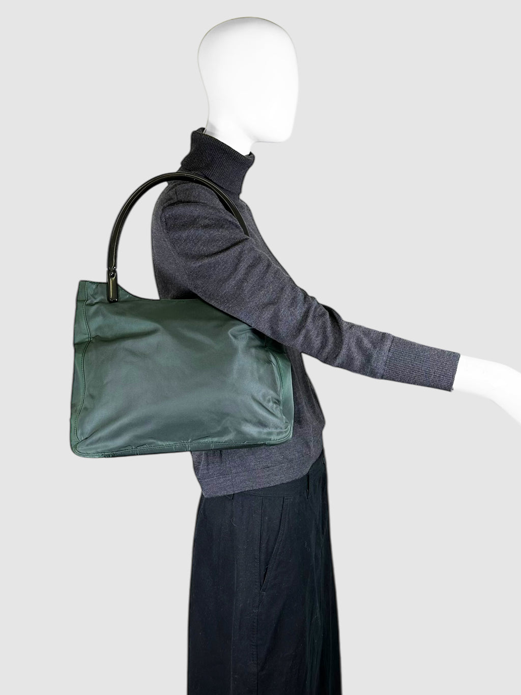 Prada Green Nylon Shoulder Bag with Black Dual Straps Luxury Designer Resale Consignment Toronto