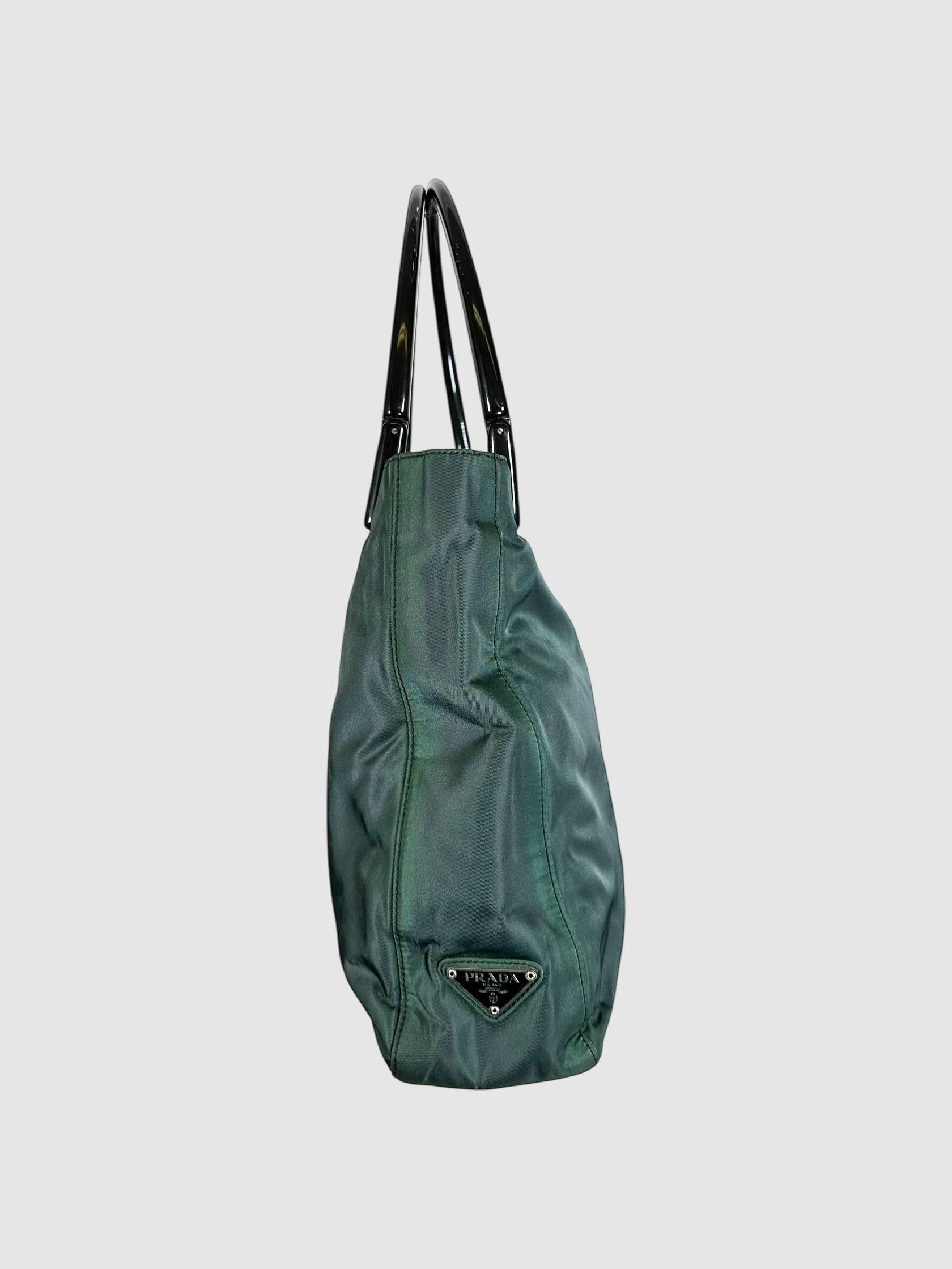 Prada Green Nylon Shoulder Bag with Black Dual Straps Luxury Designer Resale Consignment Toronto