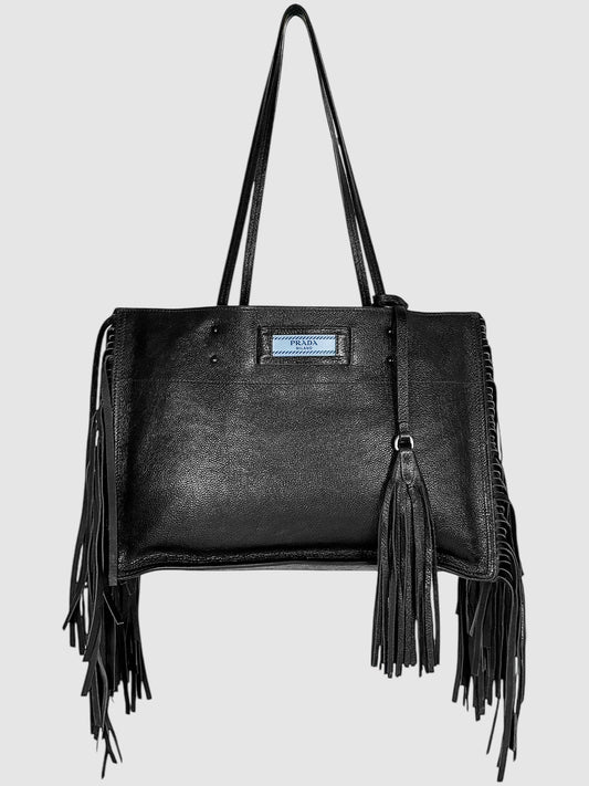 Prada Black Glace Calf Leather Etiquette Fringe Tote Bag Luxury Designer Resale Consignment Toronto