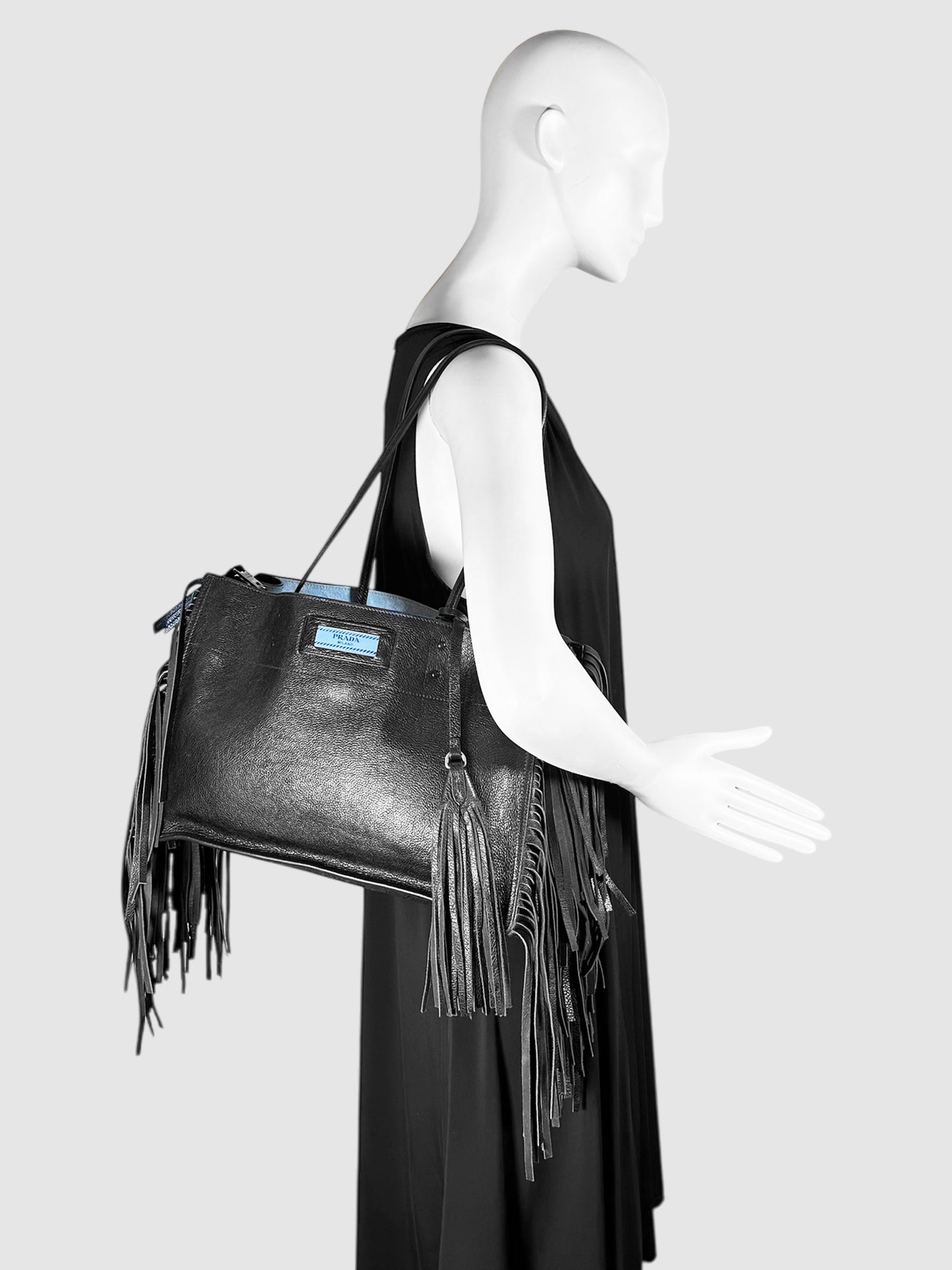 Prada Black Glace Calf Leather Etiquette Fringe Tote Bag Luxury Designer Resale Consignment Toronto