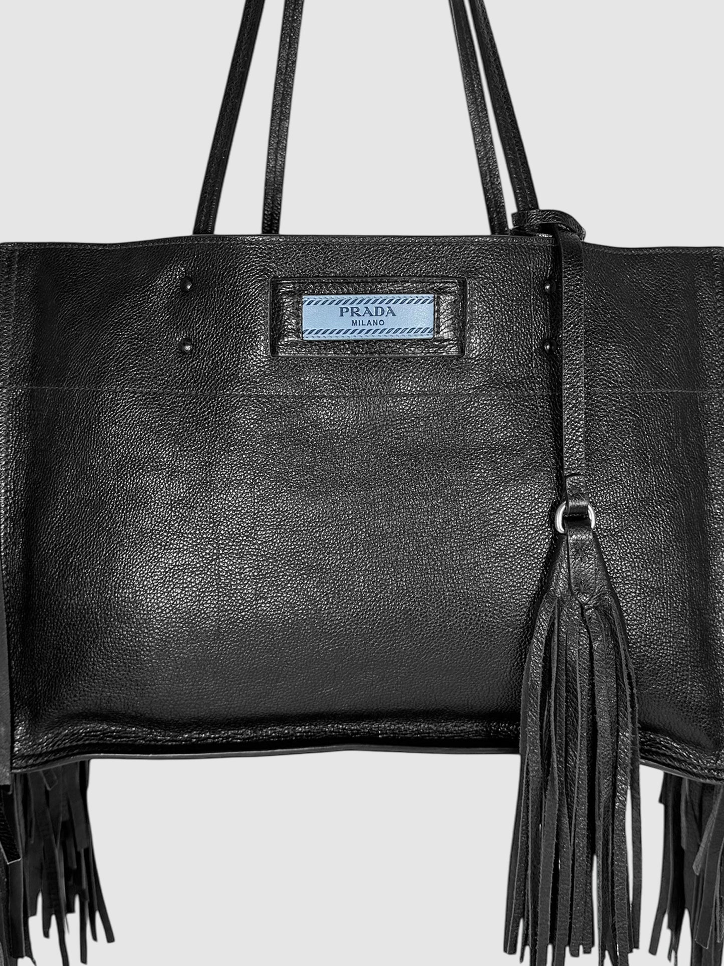 Prada Black Glace Calf Leather Etiquette Fringe Tote Bag Luxury Designer Resale Consignment Toronto