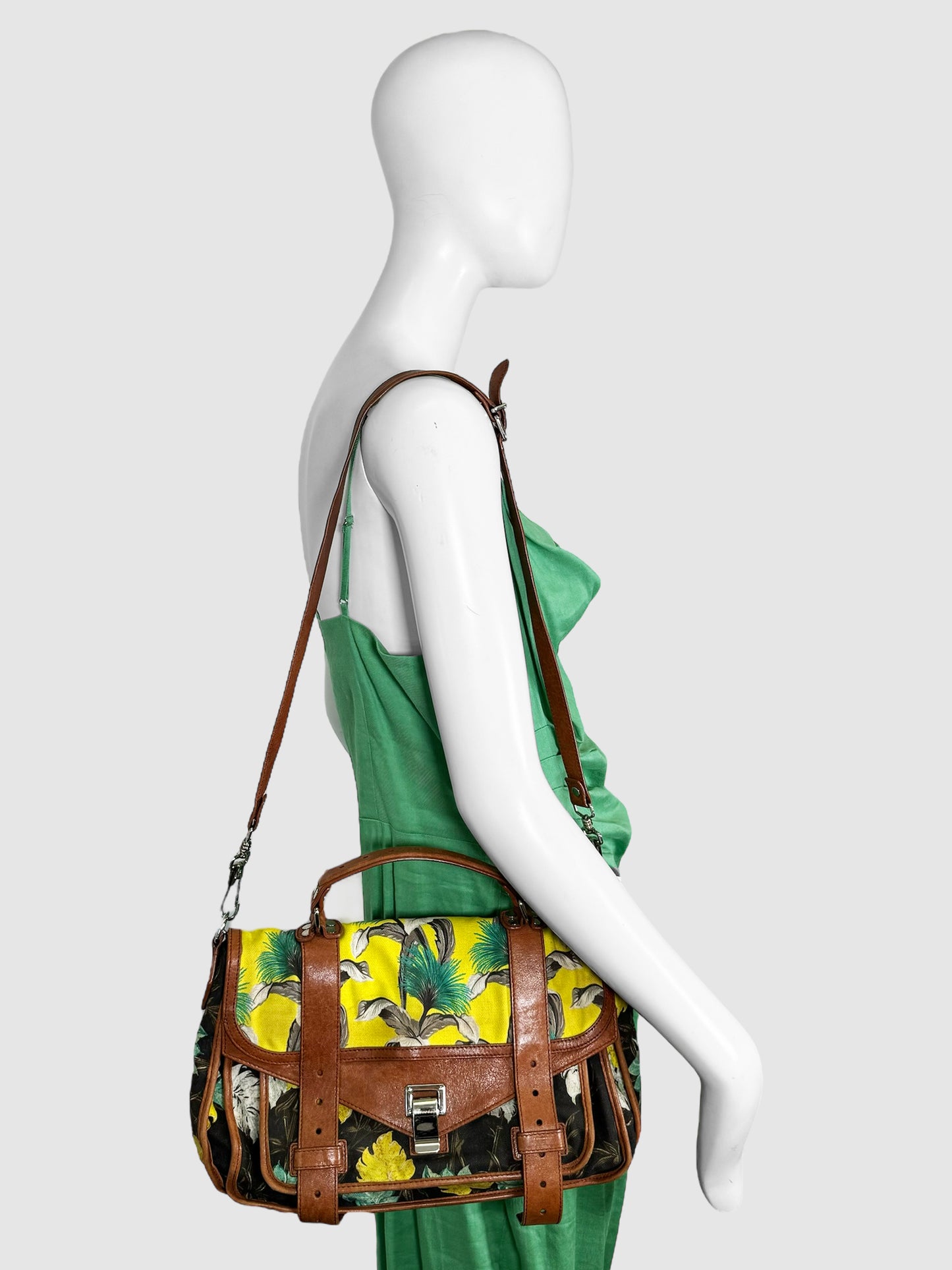 Proenza Schouler Brown, Yellow, Green, and Black Floral Printed Canvas PS1 Handbag Consignment Secondhand Designer Luxury Resale Toronto Trendy 