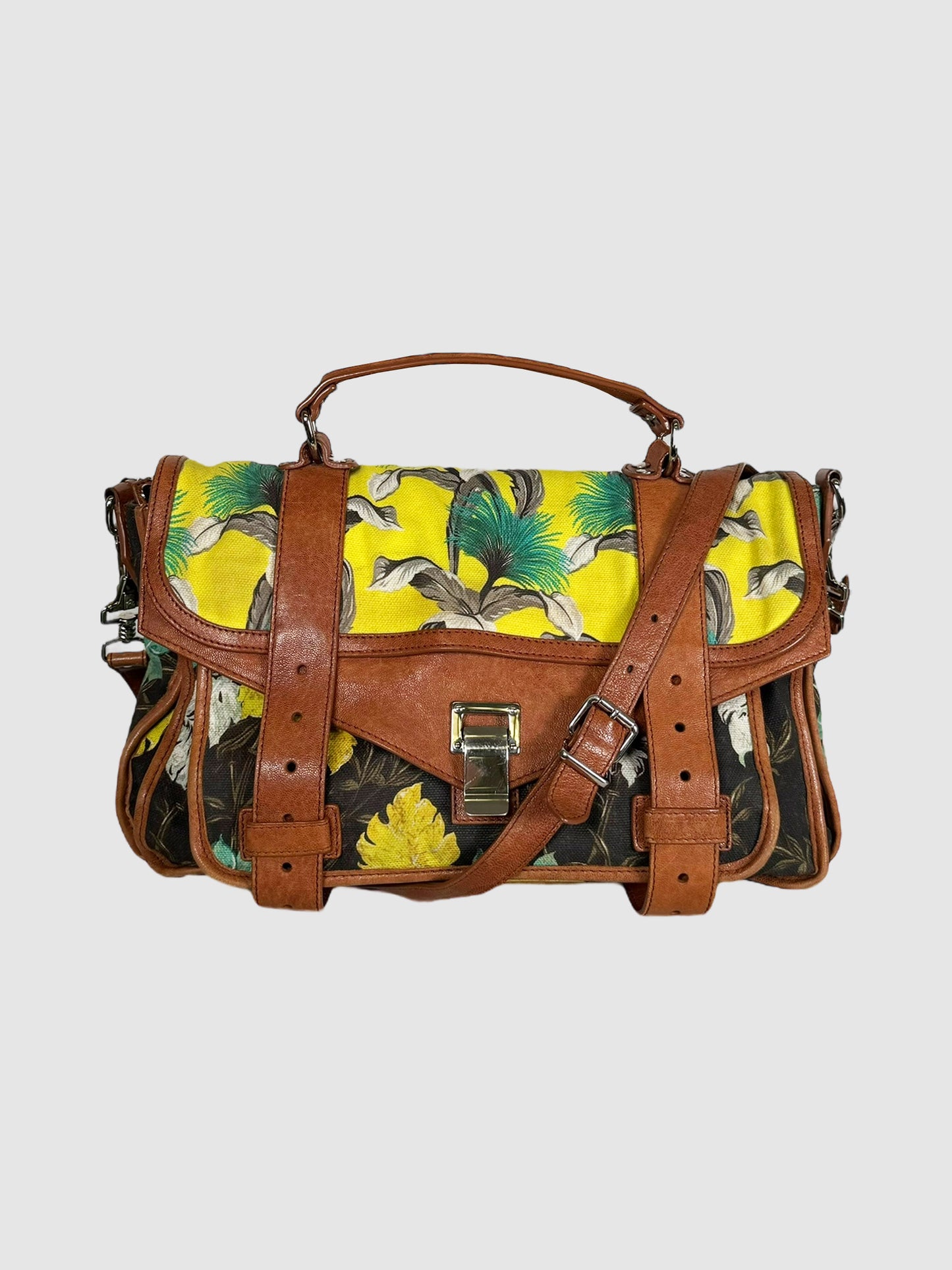 Proenza Schouler Brown, Yellow, Green, and Black Floral Printed Canvas PS1 Handbag Consignment Secondhand Designer Luxury Resale Toronto Trendy 