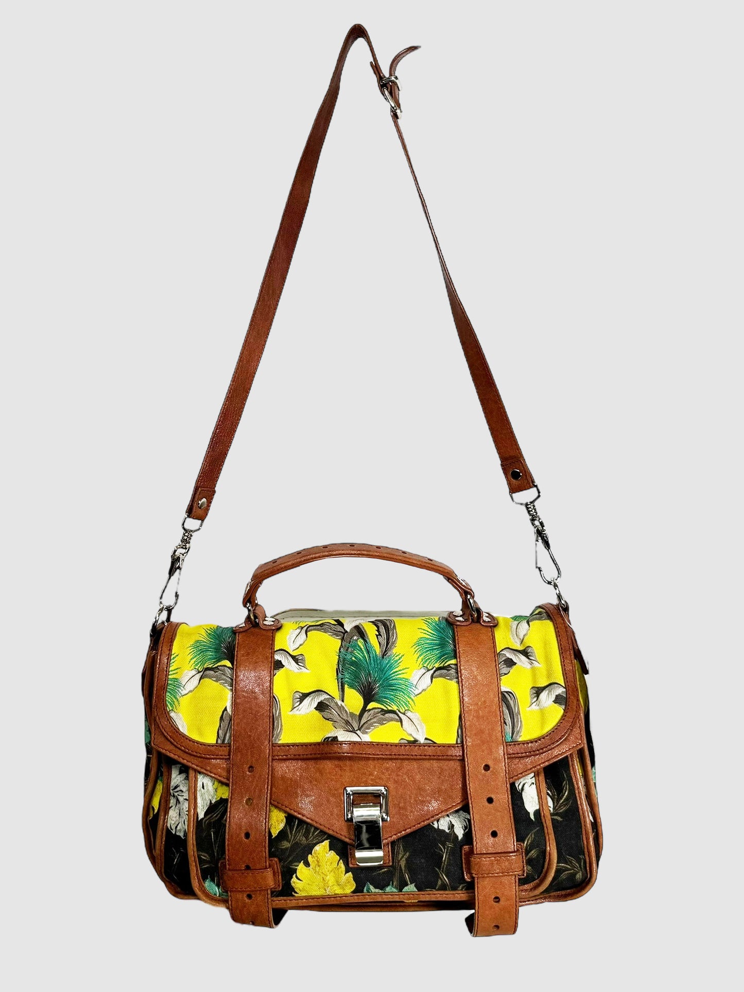 Proenza Schouler Brown, Yellow, Green, and Black Floral Printed Canvas PS1 Handbag Consignment Secondhand Designer Luxury Resale Toronto Trendy 