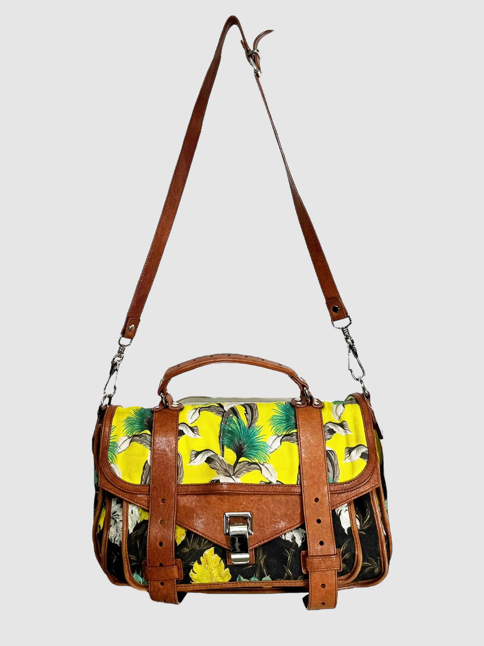 Proenza Schouler Brown, Yellow, Green, and Black Floral Printed Canvas PS1 Handbag Consignment Secondhand Designer Luxury Resale Toronto Trendy 