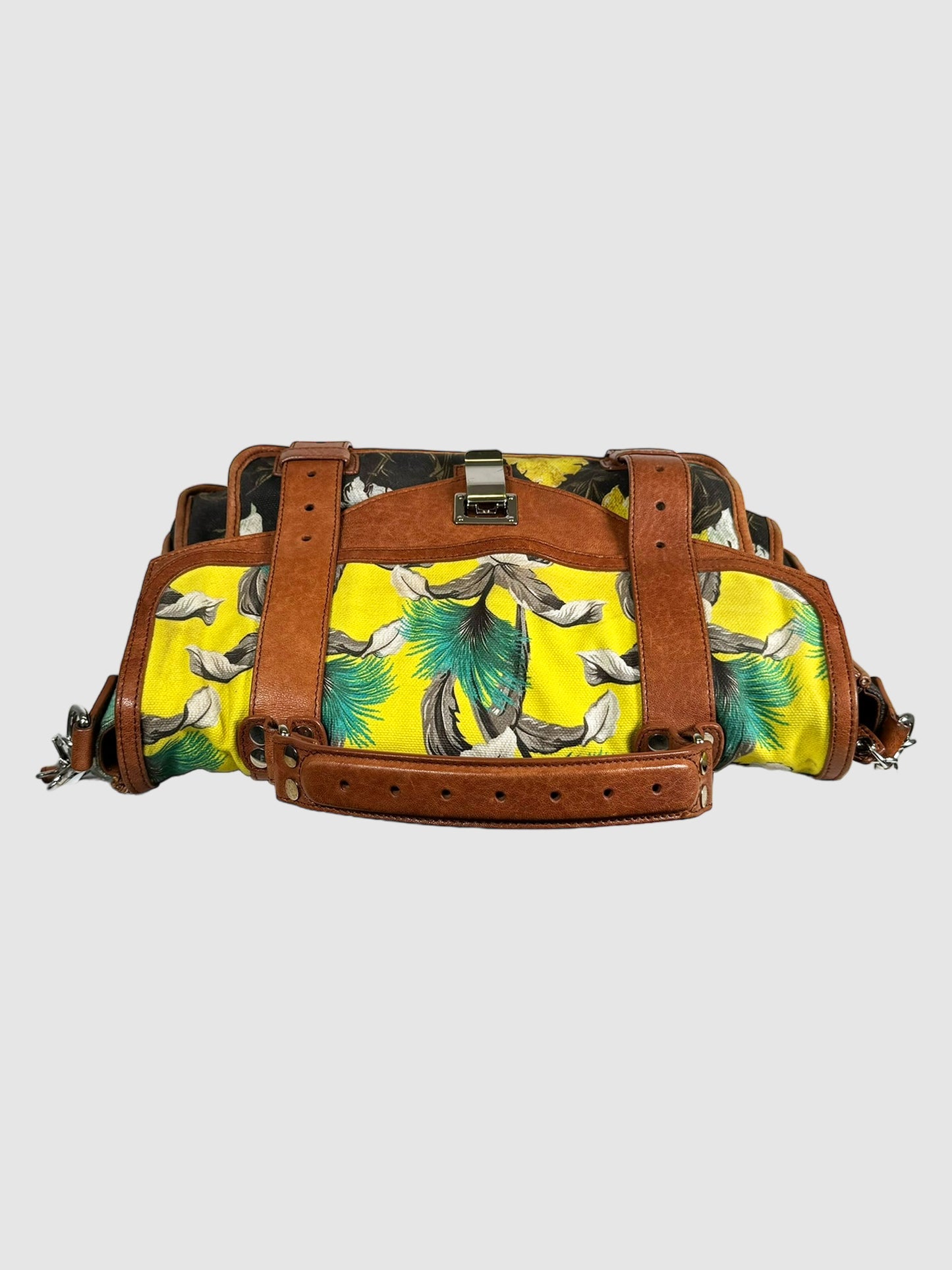 Proenza Schouler Brown, Yellow, Green, and Black Floral Printed Canvas PS1 Handbag Consignment Secondhand Designer Luxury Resale Toronto Trendy 