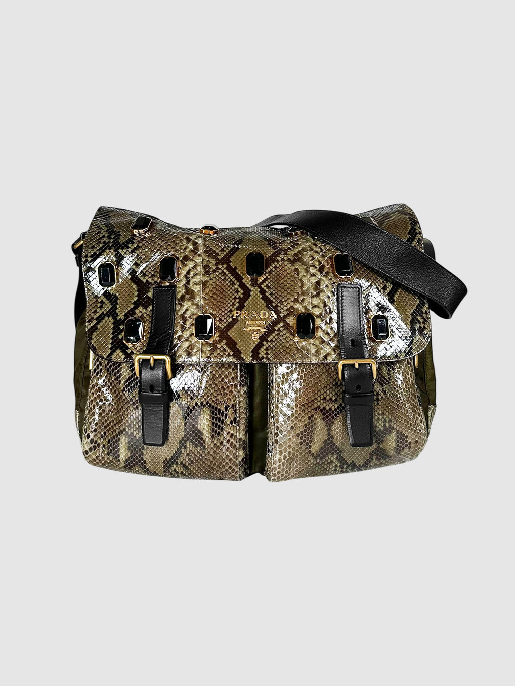 Prada Green and Black Python Leather and Nylon Jewelled Messenger Bag Luxury Designer Resale Consignment Toronto Secondhand Canada