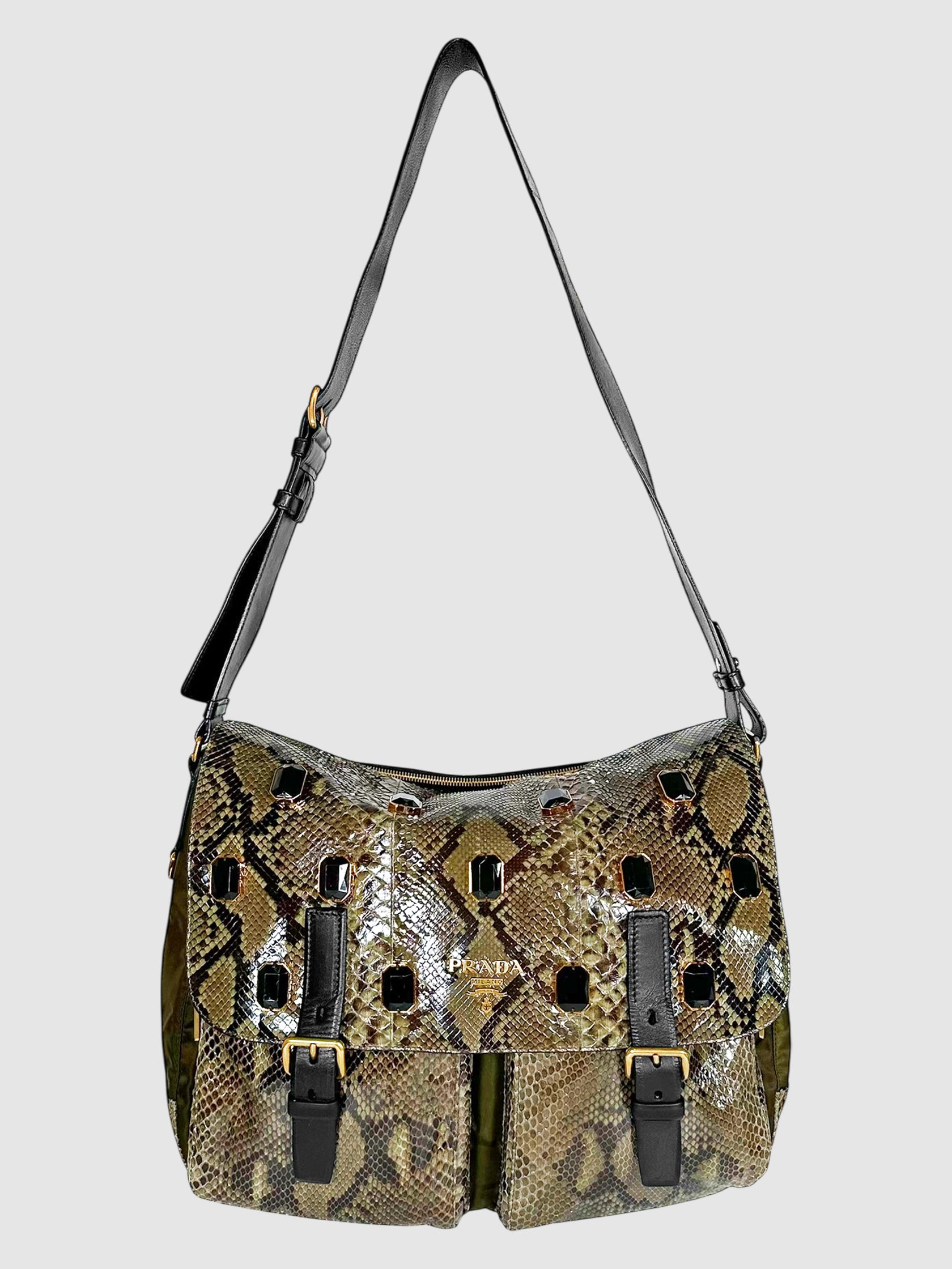 Prada Green and Black Python Leather and Nylon Jewelled Messenger Bag Luxury Designer Resale Consignment Toronto Secondhand Canada
