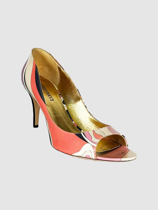 Emilio Pucci Pink and Cream Abstract Print Pumps with Suede Heel, Size 39 Consignment Secondhand Designer Luxury Resale Toronto Trendy