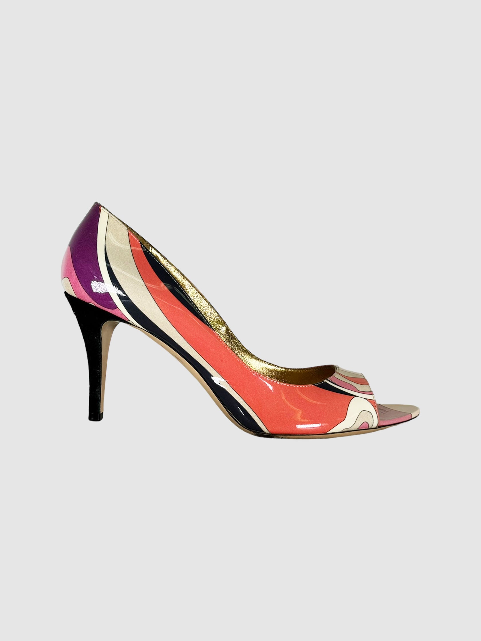 Emilio Pucci Pink and Cream Abstract Print Pumps with Suede Heel, Size 39 Consignment Secondhand Designer Luxury Resale Toronto Trendy