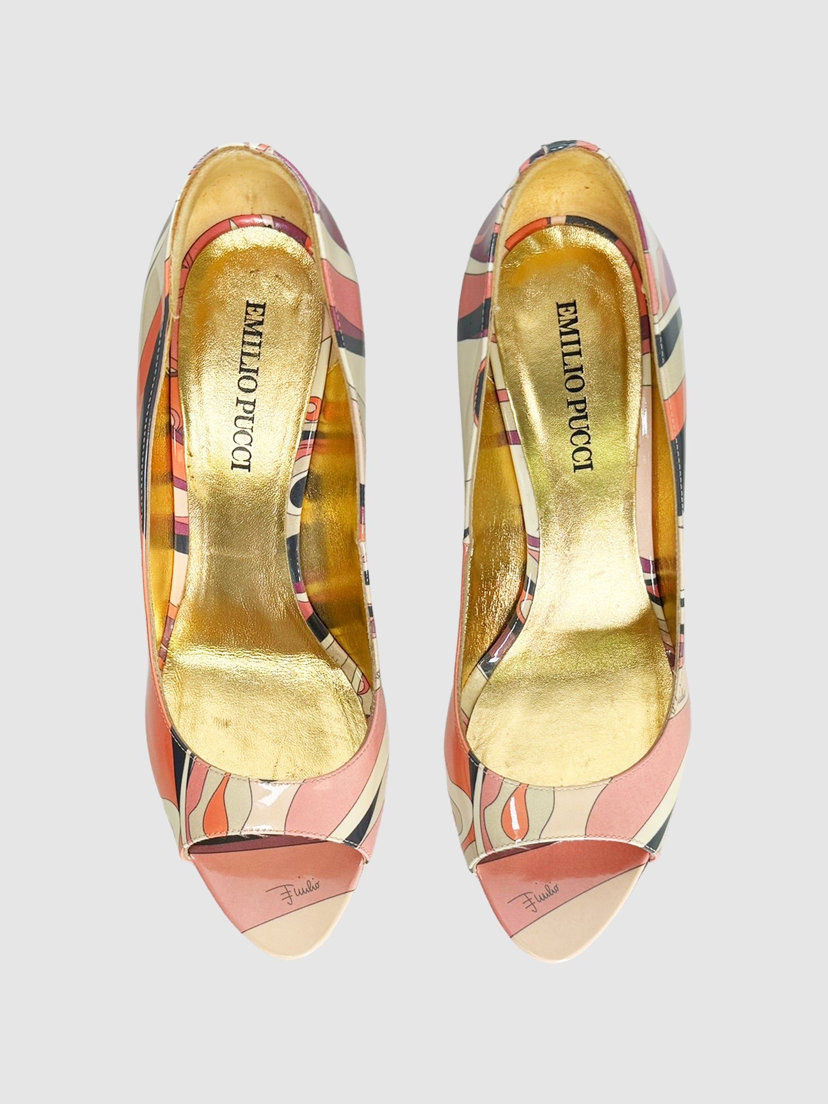 Emilio Pucci Pink and Cream Abstract Print Pumps with Suede Heel, Size 39 Consignment Secondhand Designer Luxury Resale Toronto Trendy