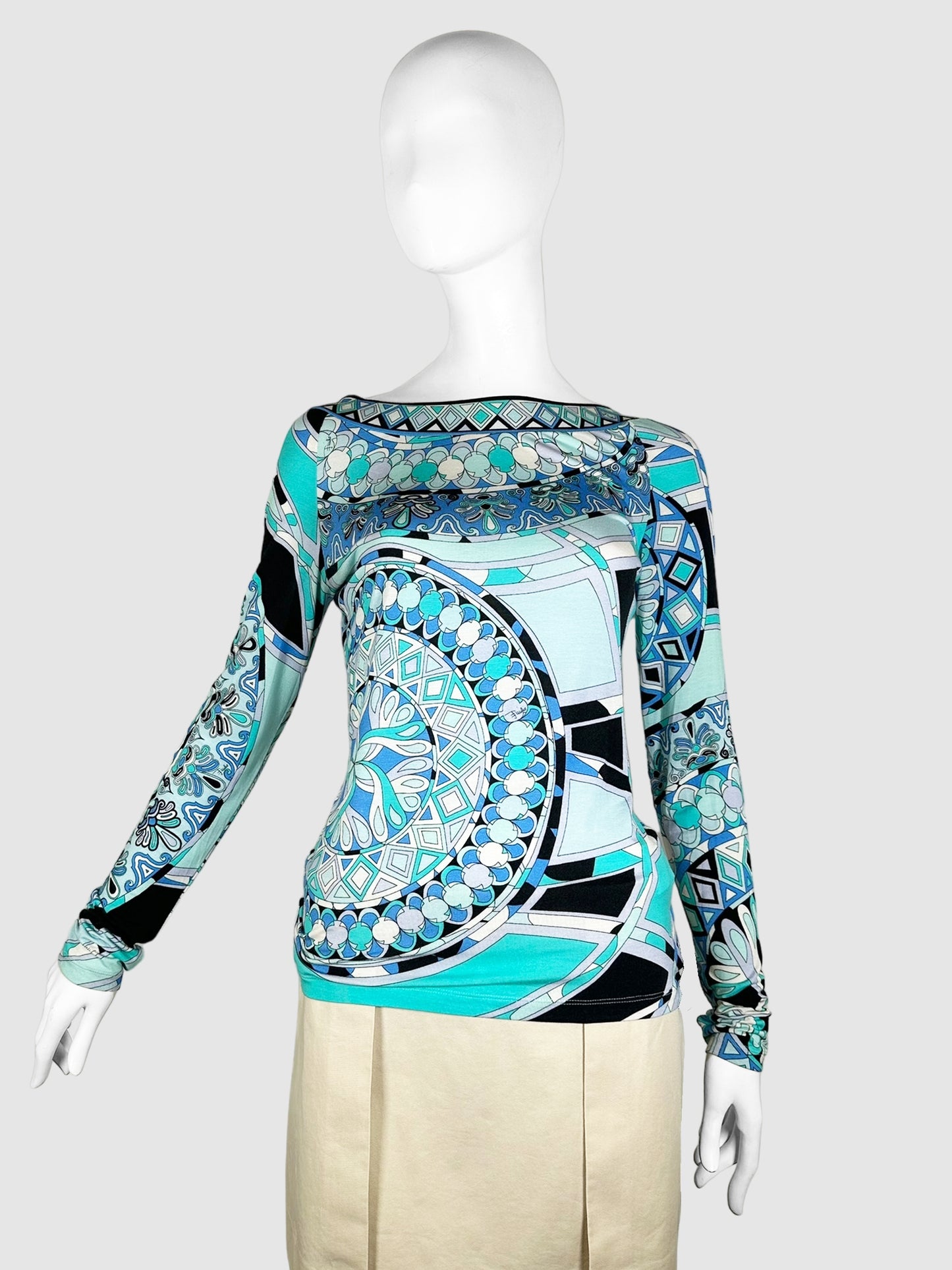 Emilio Pucci Blue and White Patterned Long Sleeve Top with Low Cut Back Size 8 Consignment Secondhand Designer Luxury Resale Toronto Trendy