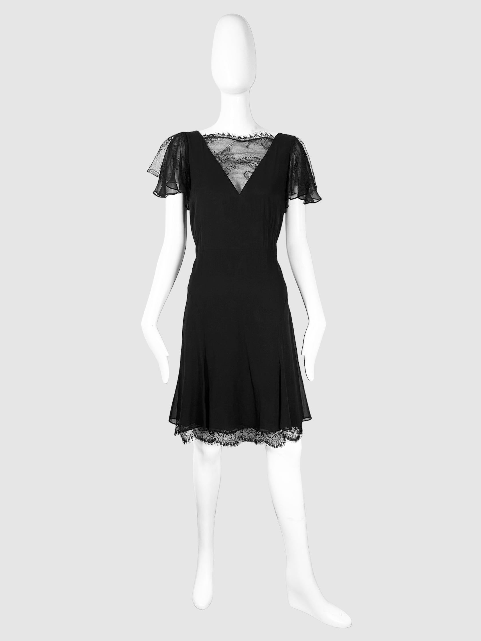 Emilio Pucci Black Lace Detailing Ruffle Sleeve Mini Dress Size 8 Consignment Secondhand Designer Luxury Resale Toronto Trendy