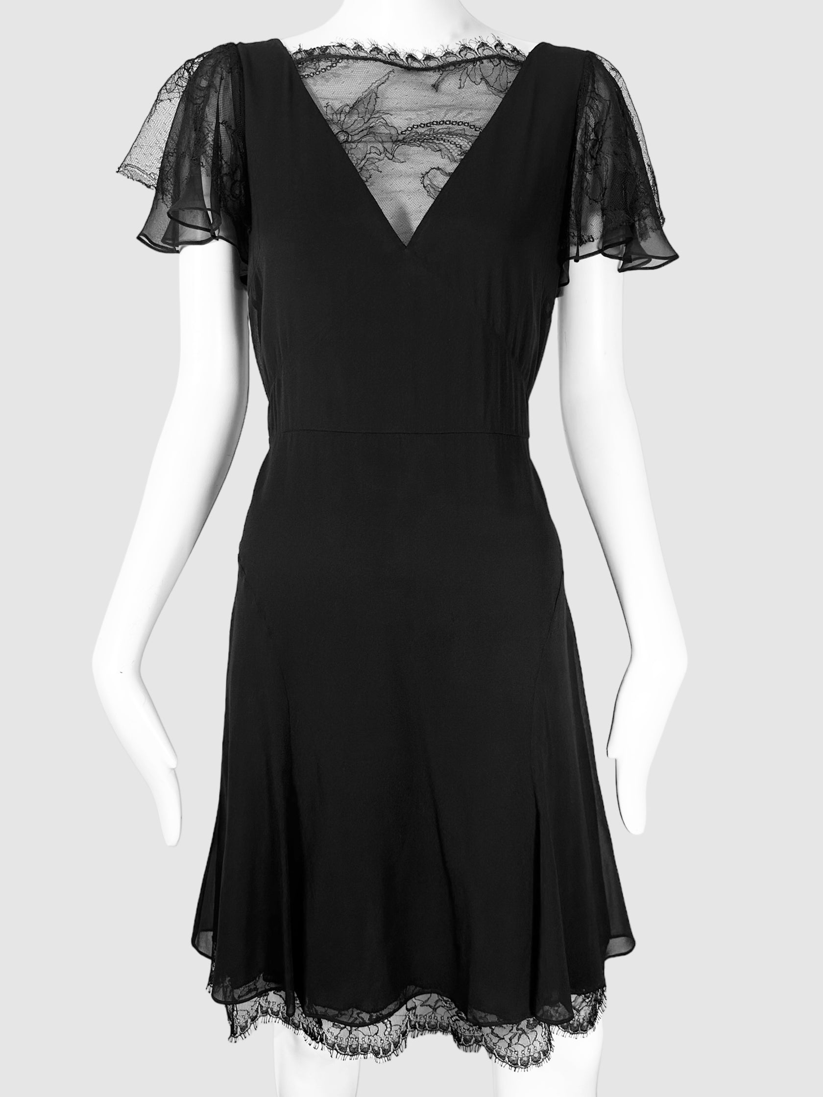 Emilio Pucci Black Lace Detailing Ruffle Sleeve Mini Dress Size 8 Consignment Secondhand Designer Luxury Resale Toronto Trendy