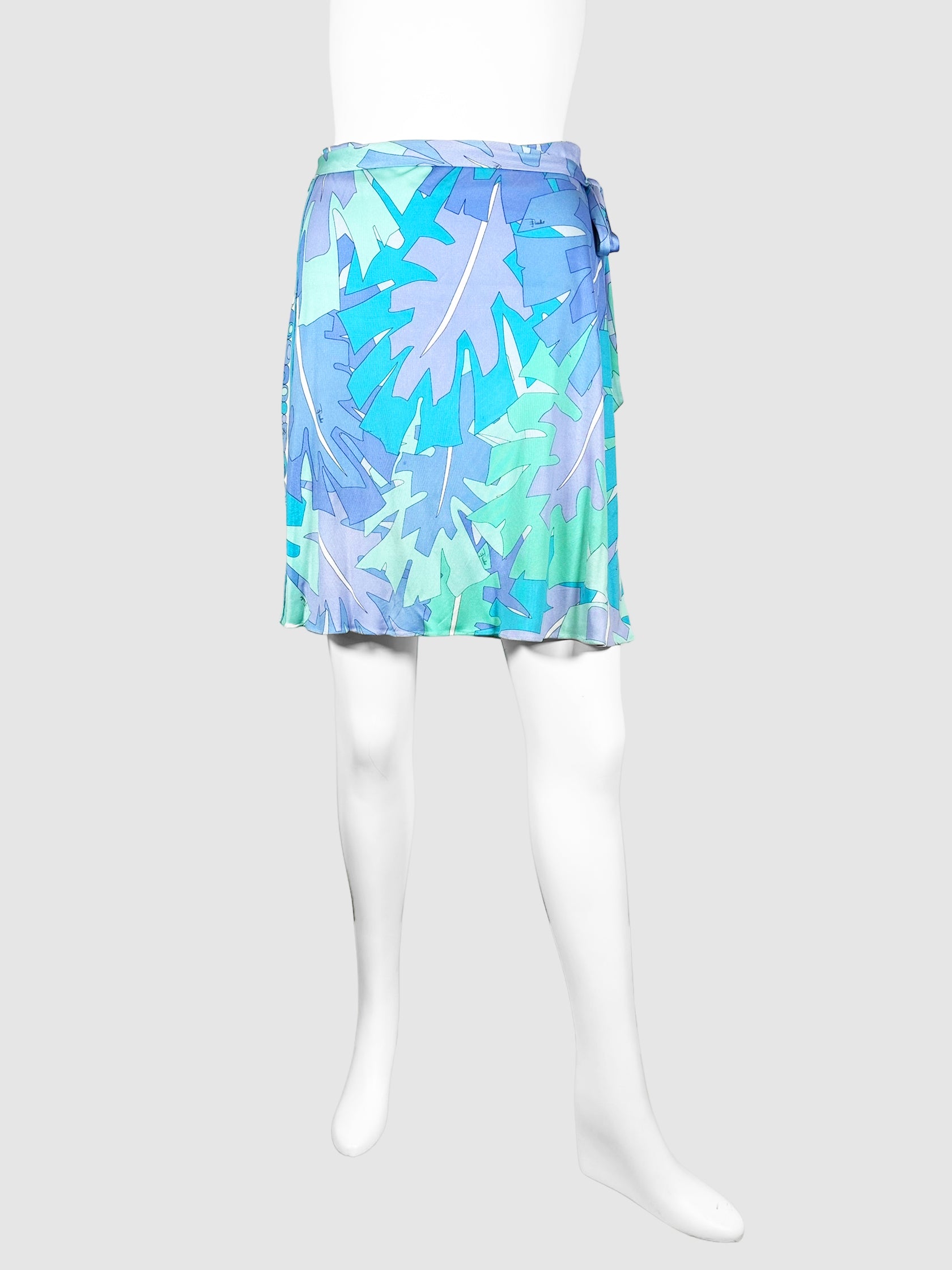 Emilio Pucci Green, Blue, Purple, and White Leaf Print Mini Skirt with Waist Tie Size 6 Consignment Secondhand Designer Luxury Resale Toronto Trendy