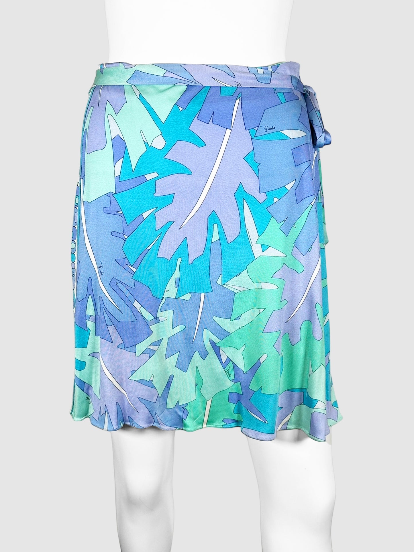 Emilio Pucci Green, Blue, Purple, and White Leaf Print Mini Skirt with Waist Tie Size 6 Consignment Secondhand Designer Luxury Resale Toronto Trendy