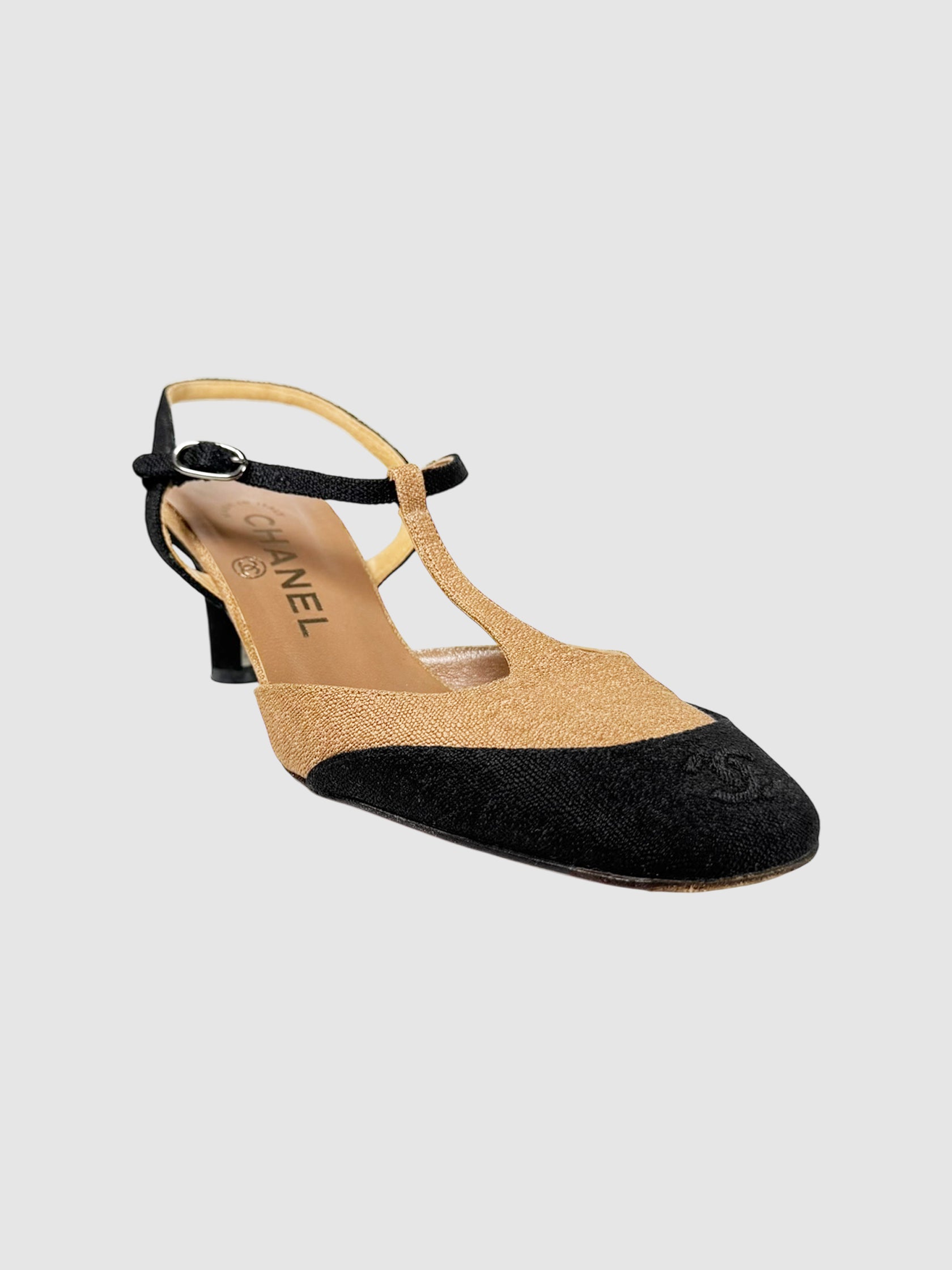Chanel Beige and Black Cap Toe T-Strap Slingback Heels, Size 36.5 Luxury Designer Resale Consignment Toronto Secondhand Canada
