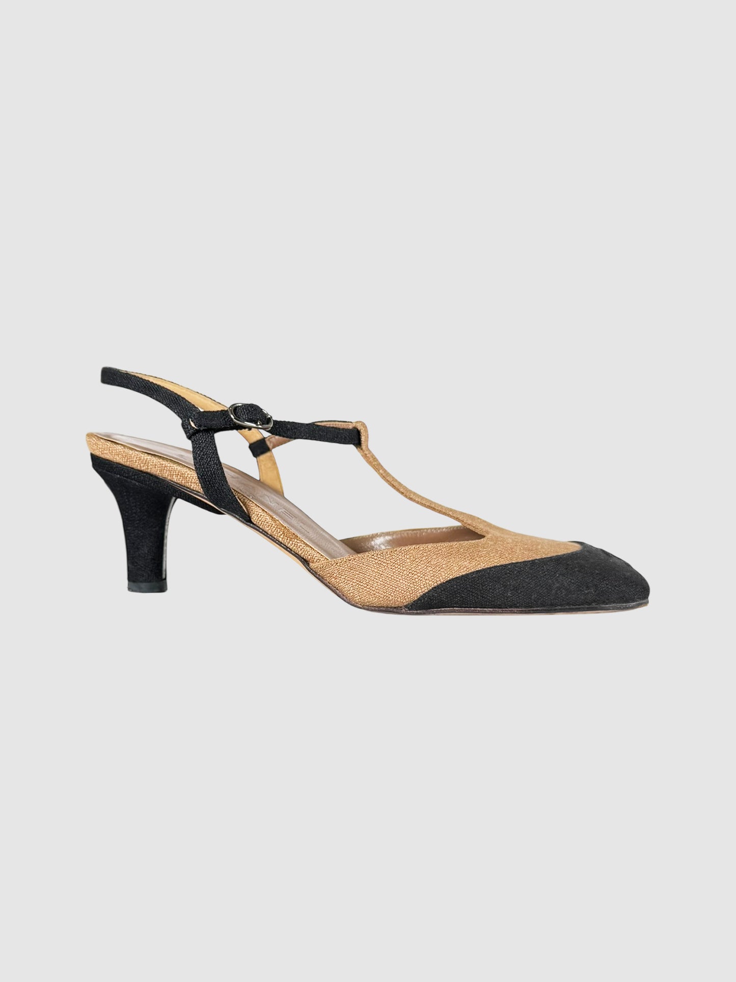 Chanel Beige and Black Cap Toe T-Strap Slingback Heels, Size 36.5 Luxury Designer Resale Consignment Toronto Secondhand Canada