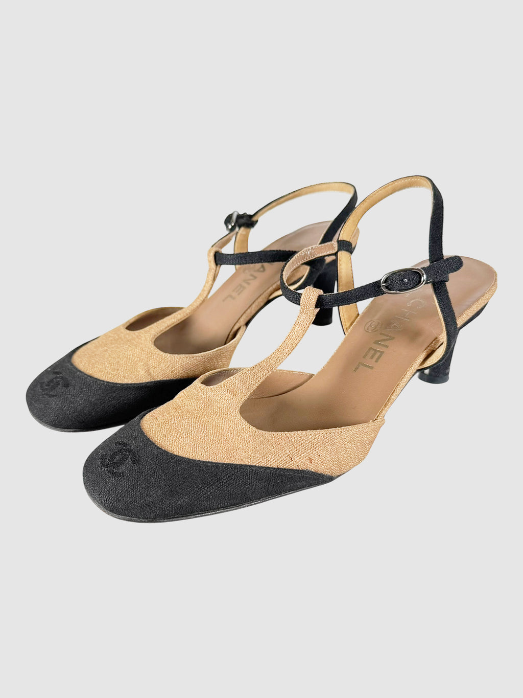 Chanel Beige and Black Cap Toe T-Strap Slingback Heels, Size 36.5 Luxury Designer Resale Consignment Toronto Secondhand Canada