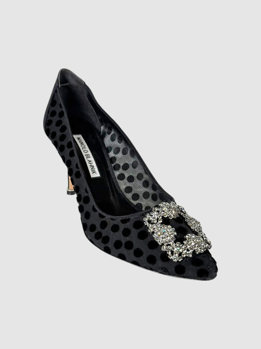 Manolo Blahnik Black Hangisi Mesh Polka Dot Pumps, Size 39.5 Luxury Designer Resale Consignment Toronto