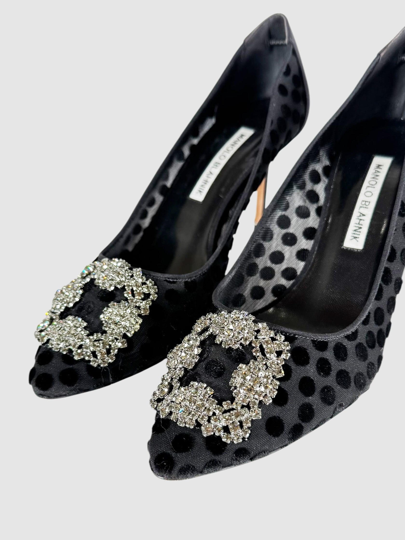 Manolo Blahnik Black Hangisi Mesh Polka Dot Pumps, Size 39.5 Luxury Designer Resale Consignment Toronto