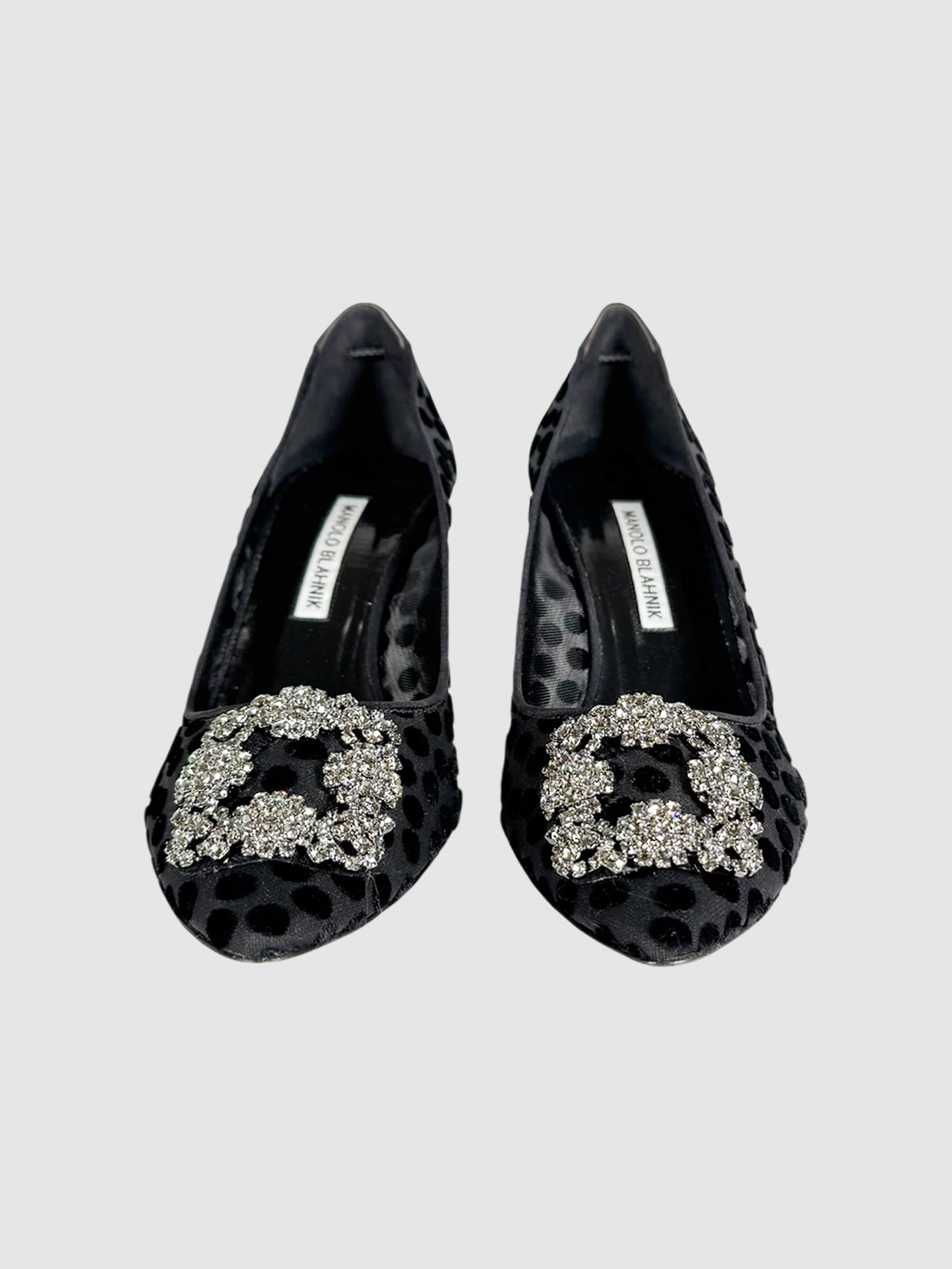 Manolo Blahnik Black Hangisi Mesh Polka Dot Pumps, Size 39.5 Luxury Designer Resale Consignment Toronto