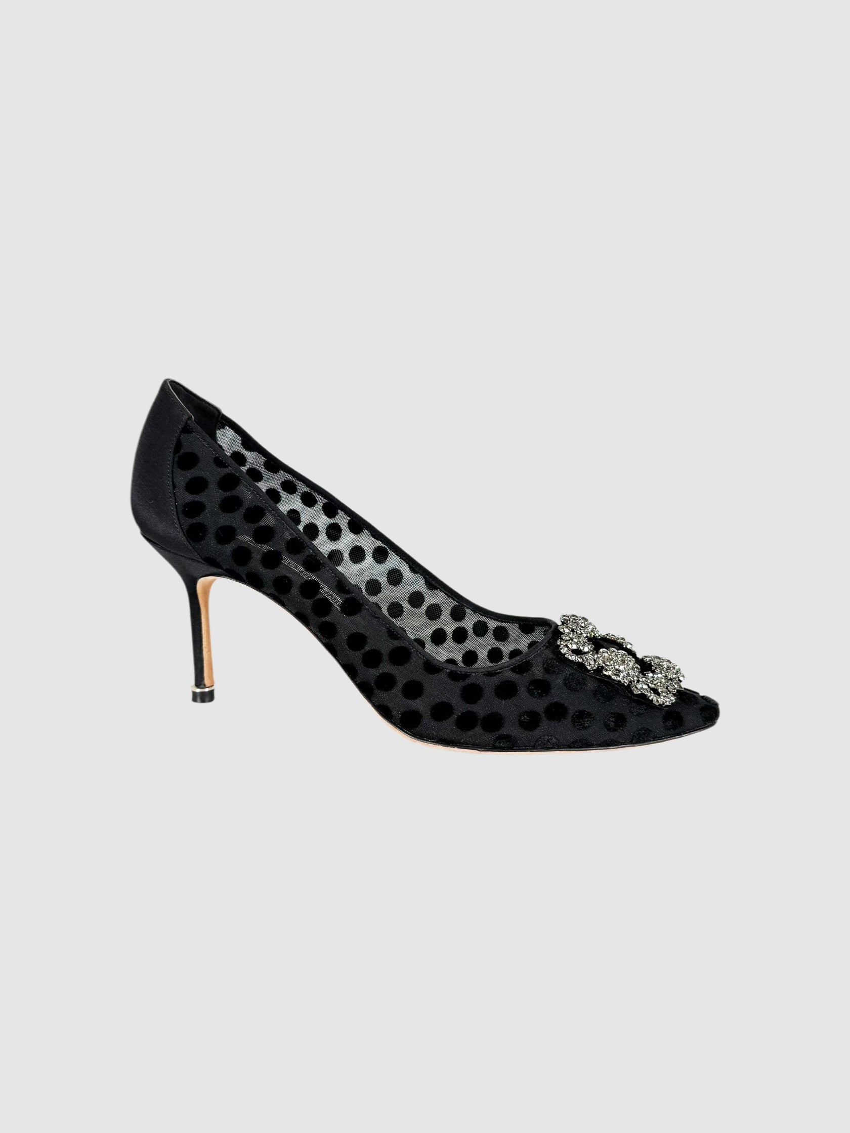 Manolo Blahnik Black Hangisi Mesh Polka Dot Pumps, Size 39.5 Luxury Designer Resale Consignment Toronto