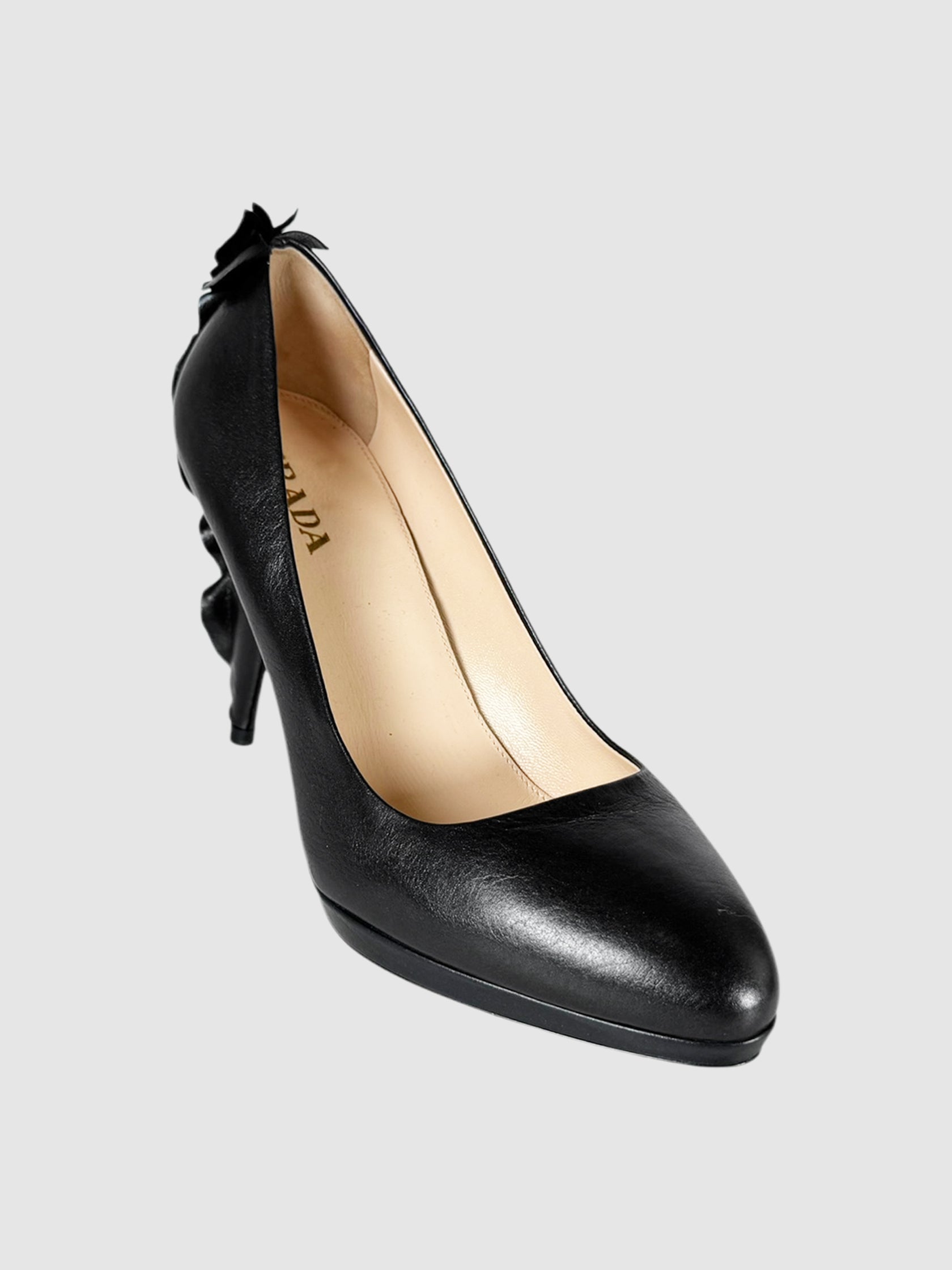 Prada Black Leather Ruffle Embellished Pumps, Size 37.5 Luxury Designer Resale Consignment Toronto