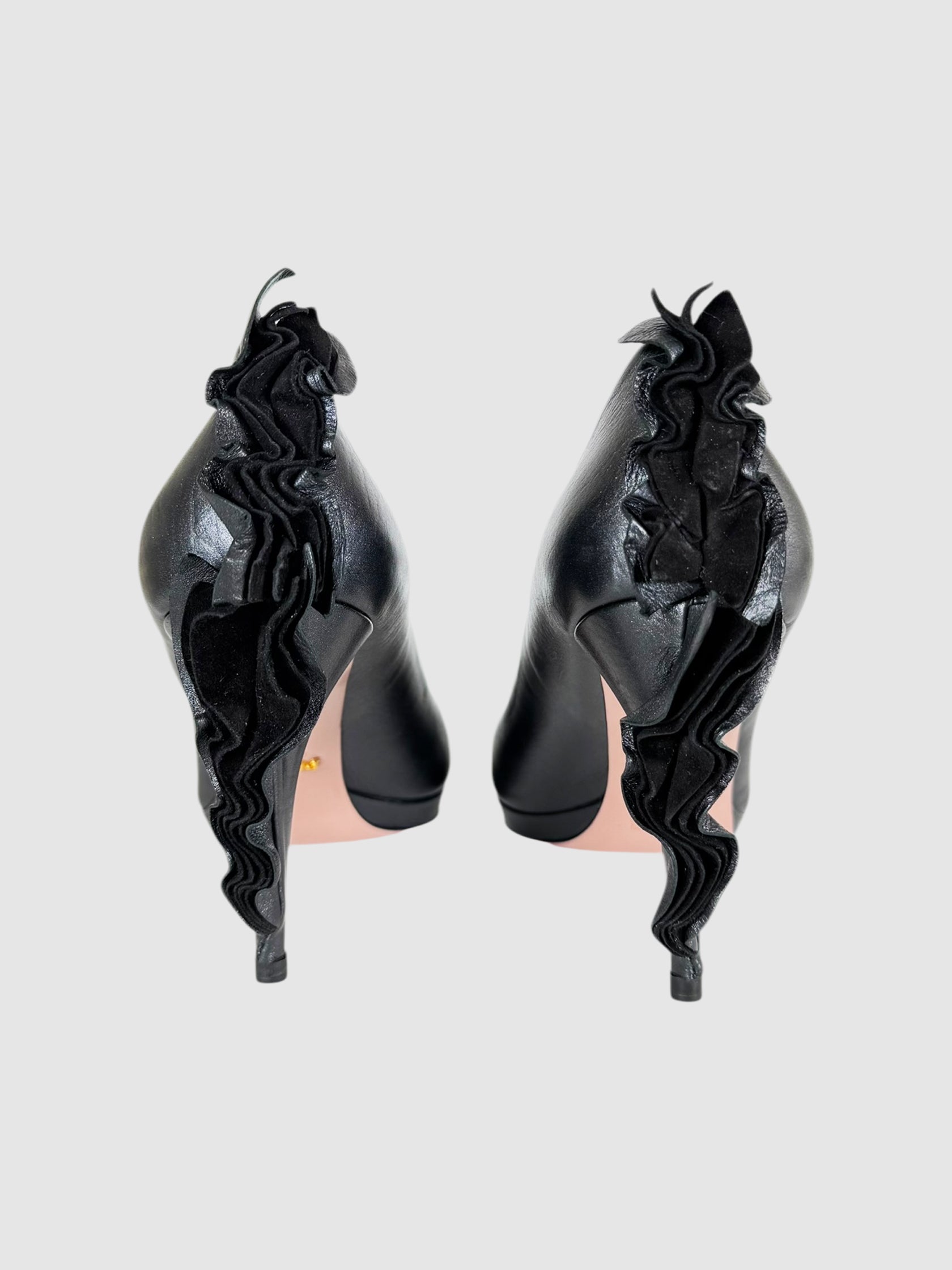 Prada Black Leather Ruffle Embellished Pumps, Size 37.5 Luxury Designer Resale Consignment Toronto