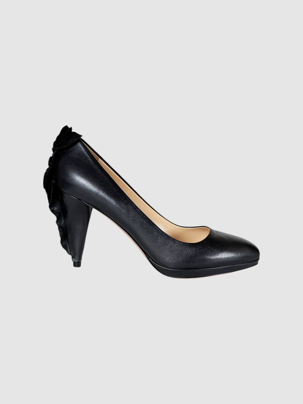 Prada Black Leather Ruffle Embellished Pumps, Size 37.5 Luxury Designer Resale Consignment Toronto