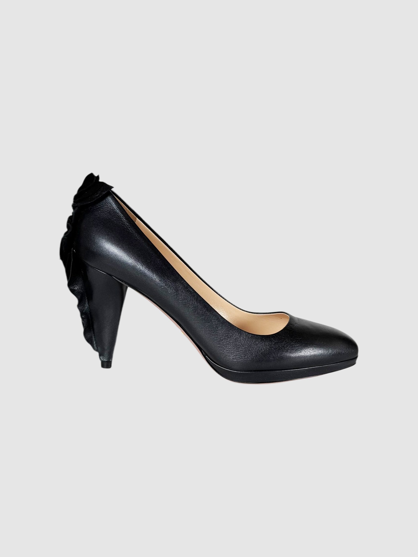 Prada Black Leather Ruffle Embellished Pumps, Size 37.5 Luxury Designer Resale Consignment Toronto
