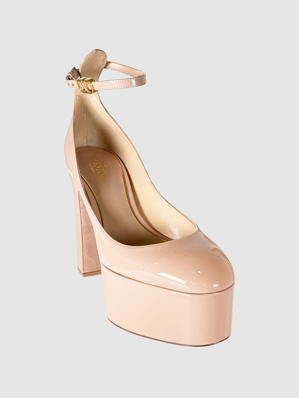 Valentino Nude Patent Leather Block Heel Ankle Strap Platform Pumps, Size 38 Luxury Designer Resale Consignment Toronto Secondhand Shoes High Heels