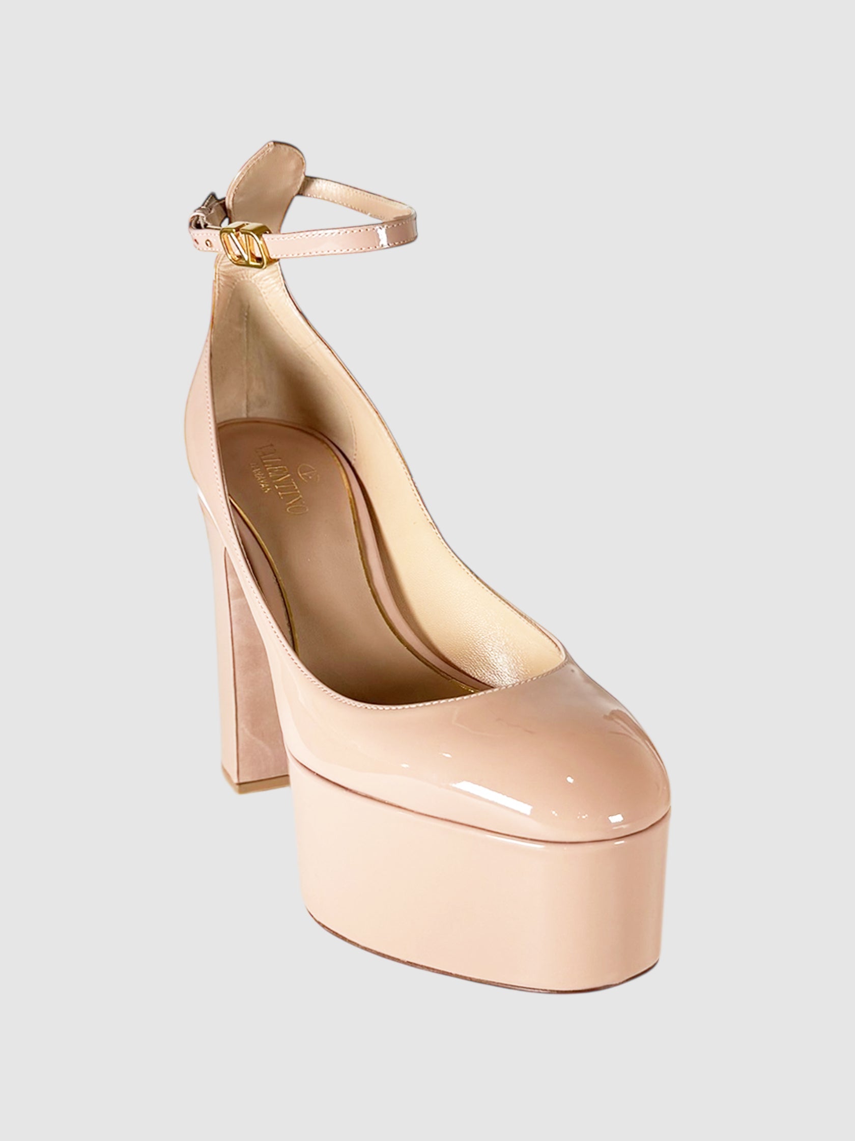 Valentino Nude Patent Leather Block Heel Ankle Strap Platform Pumps, Size 38 Luxury Designer Resale Consignment Toronto Secondhand Shoes High Heels