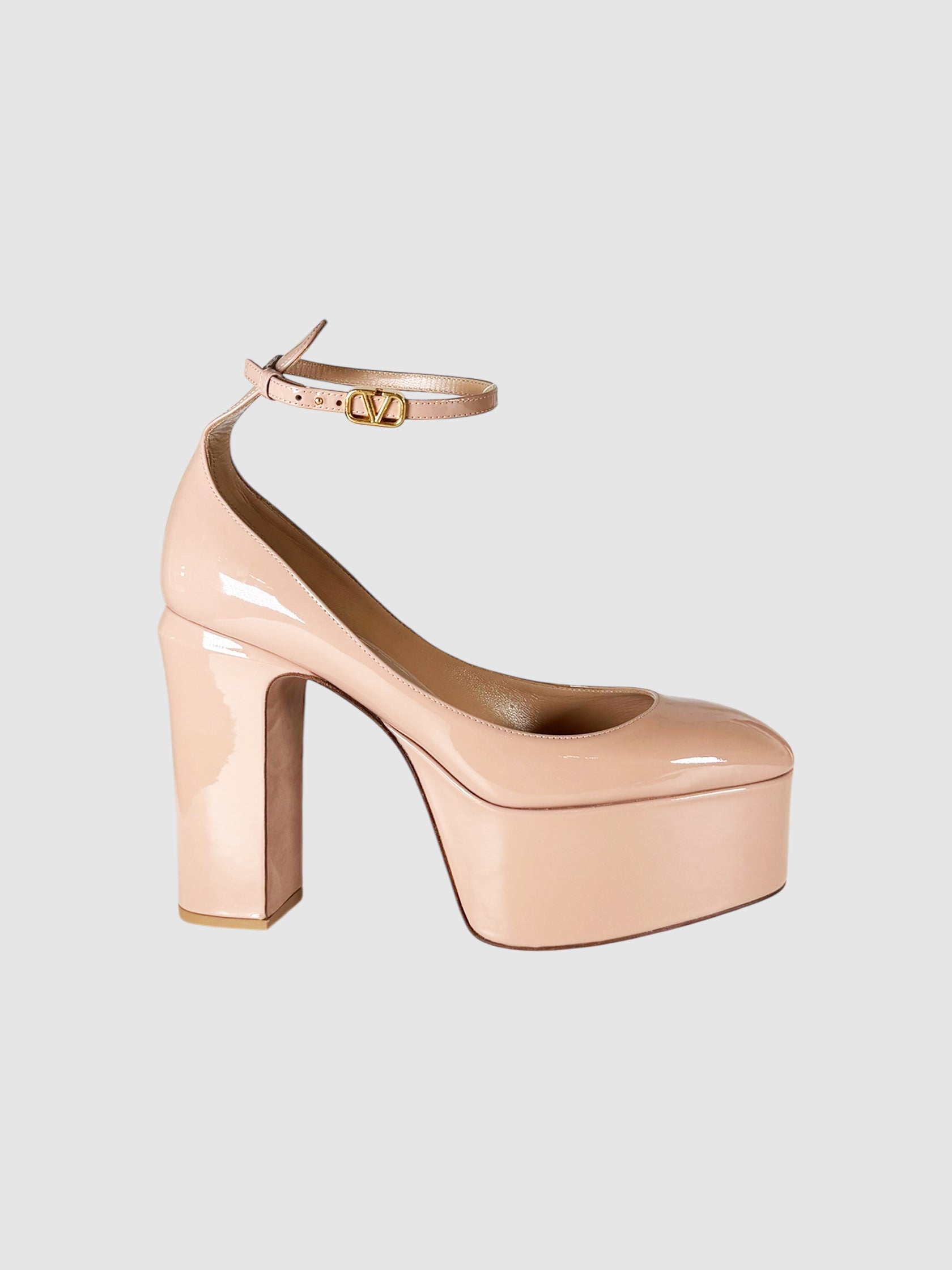 Valentino Nude Patent Leather Block Heel Ankle Strap Platform Pumps, Size 38 Luxury Designer Resale Consignment Toronto Secondhand Shoes High Heels